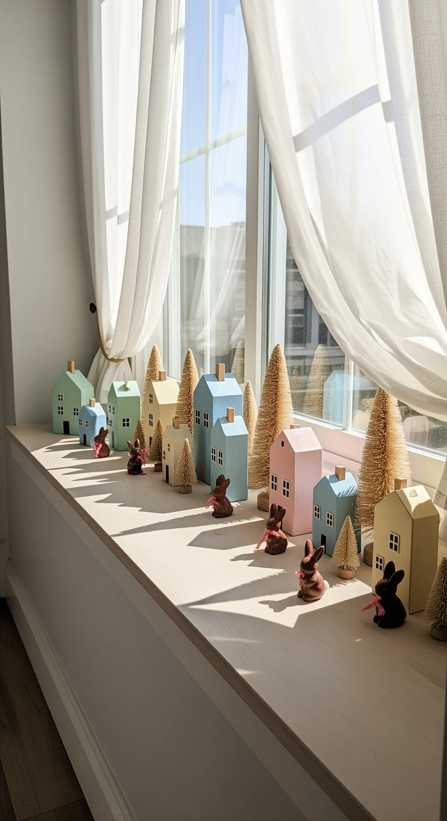 Frühlingsdorf mit Pastellhäusern, Bäumen und Schokoladenhasen auf Fensterbank