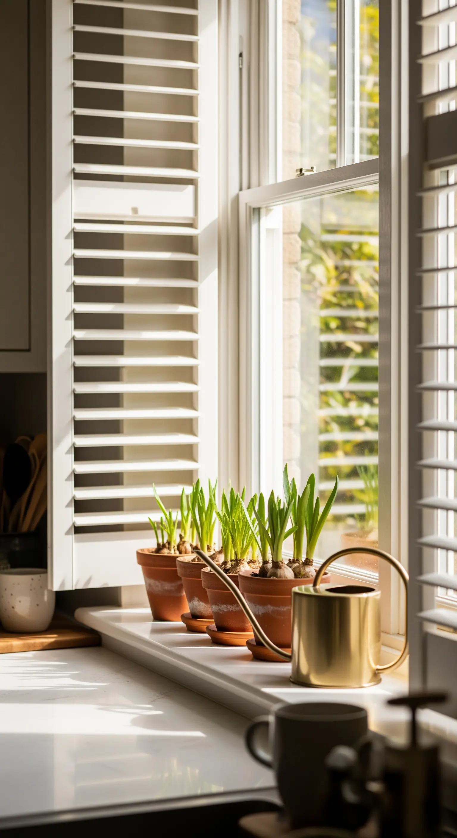 Sprießende Zwiebelblumen in Terrakottatöpfen auf Fensterbank mit goldener Gießkanne