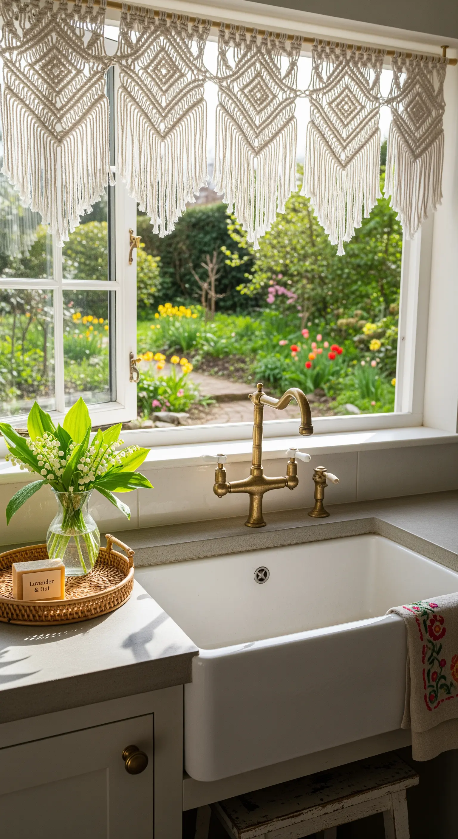 Makramee-Vorhang, Maiglöckchen und Rattan-Tablett am Spülbecken