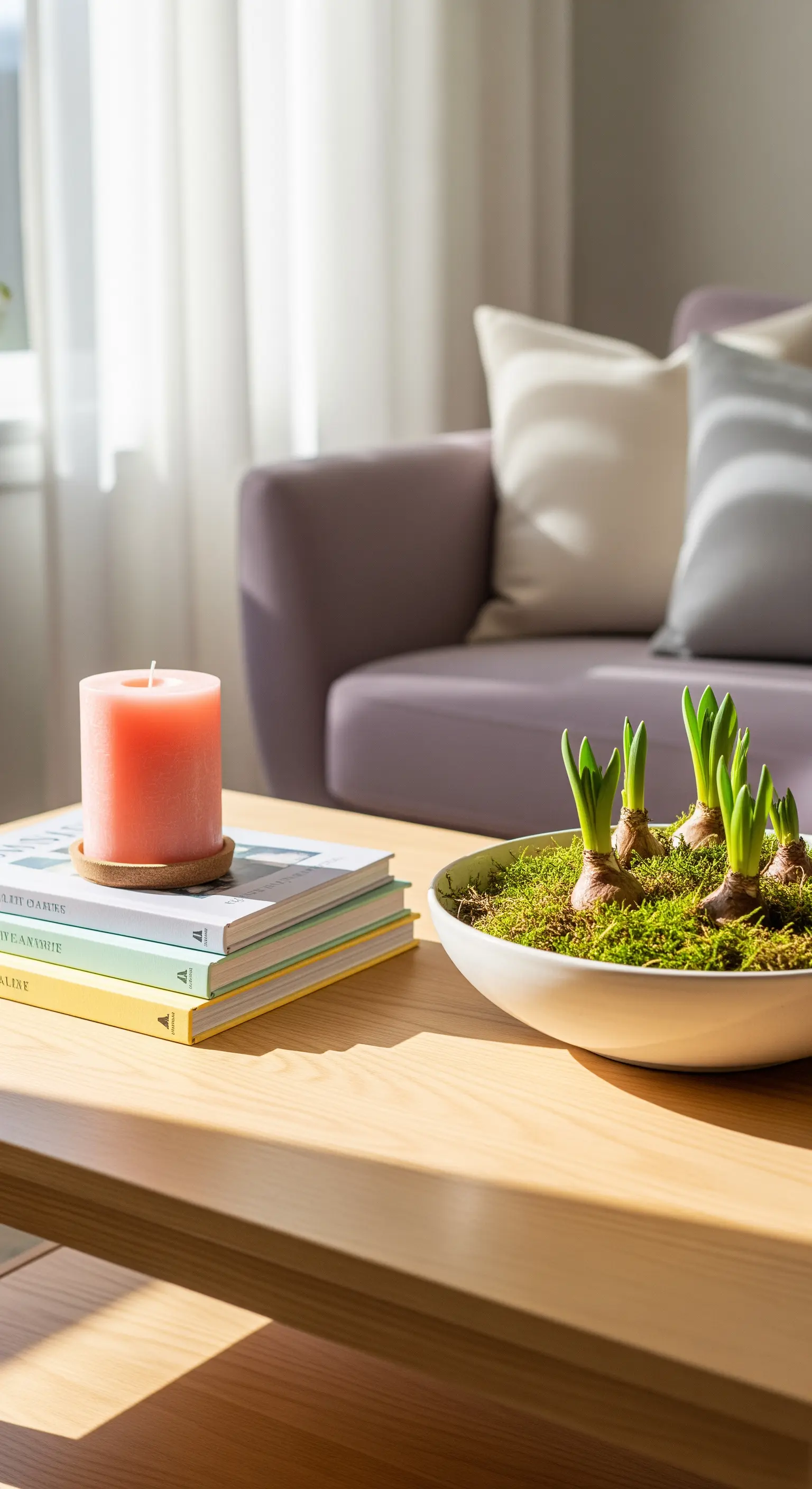 Couchtisch mit rosa Kerze, Büchern, Blumenzwiebeln in Moos-Schale