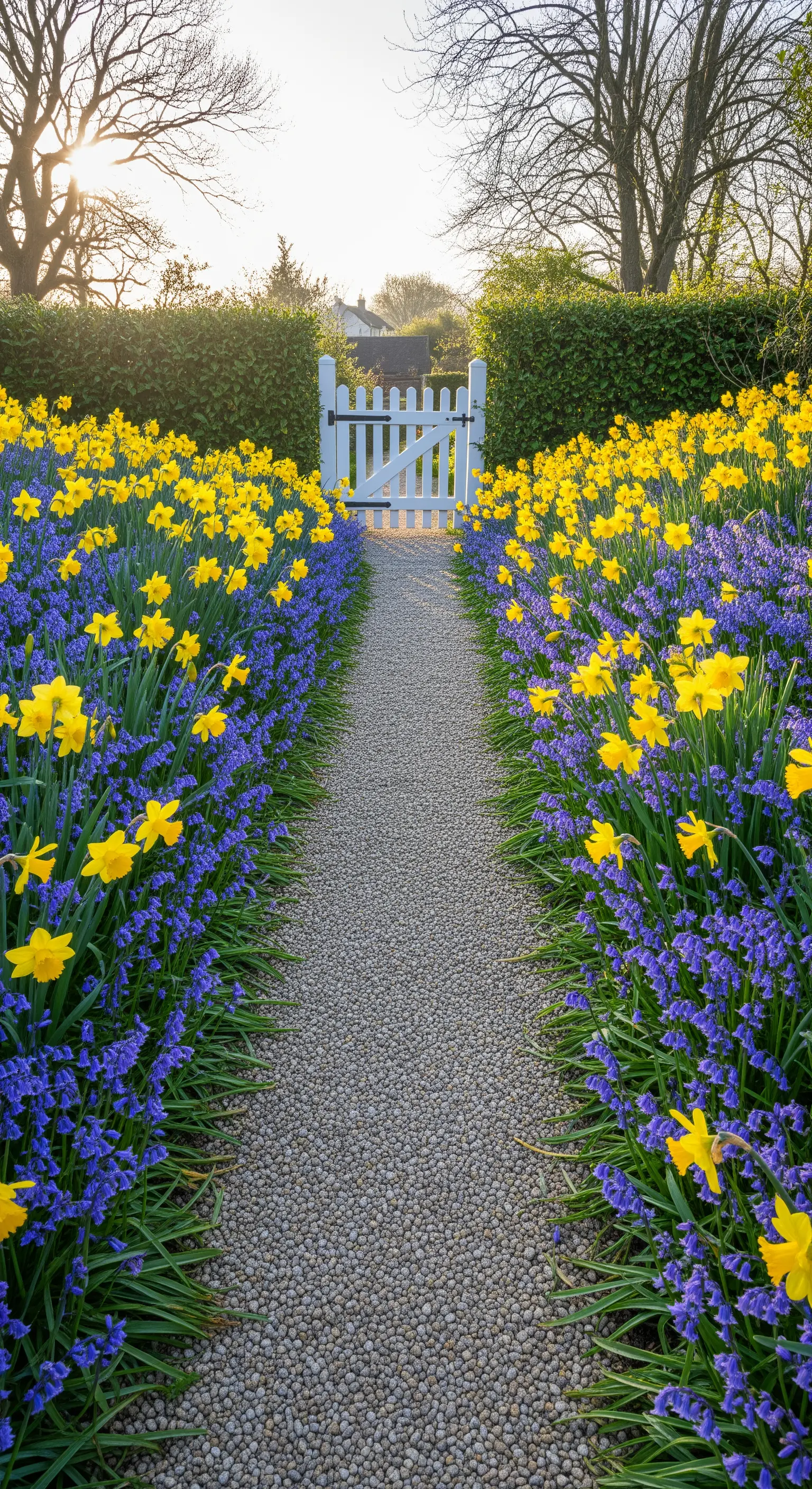 Kiesweg zwischen blauen Glockenblumen und gelben Narzissen, weißes Tor