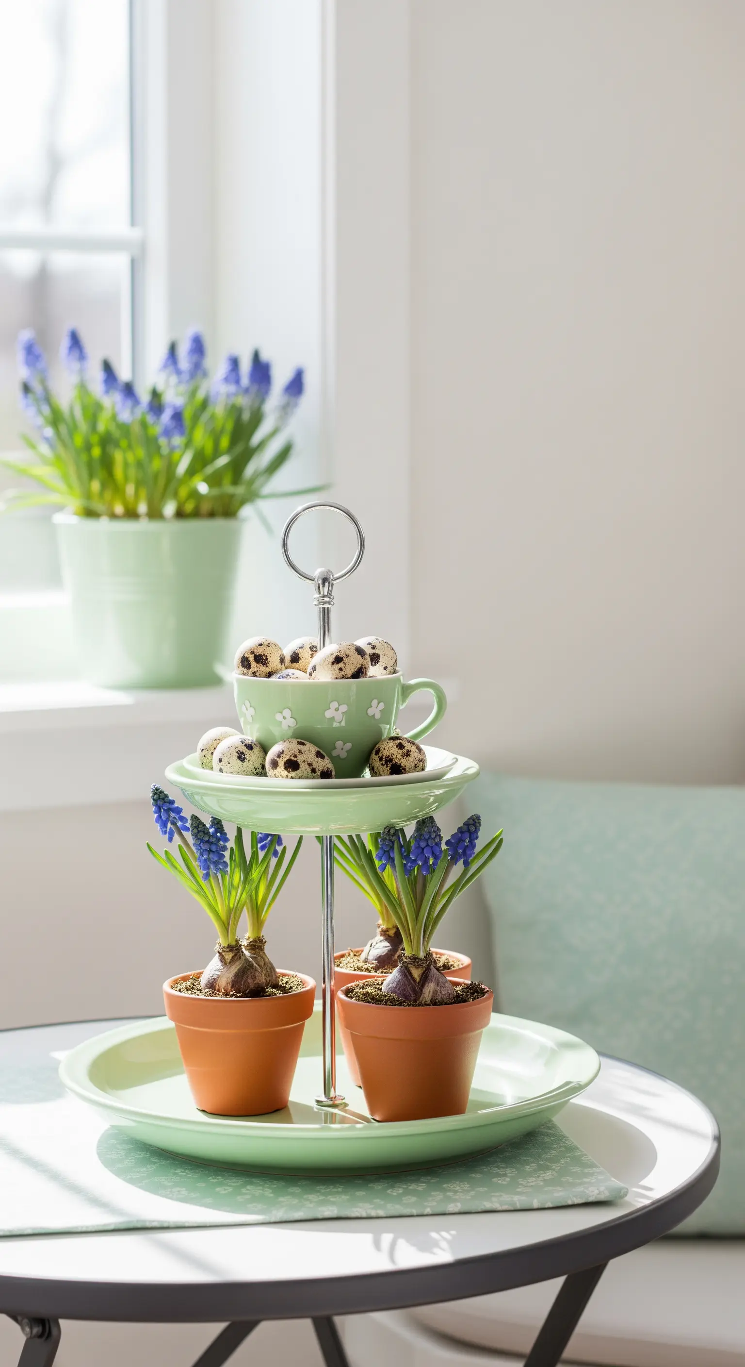 Pastellgrüne Etagere mit Frühblühern und Wachteleiern als Osterdeko.
