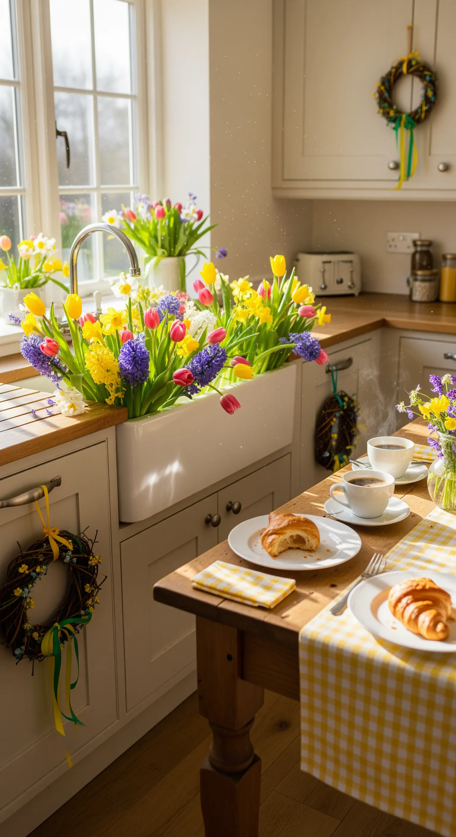 Frühlingsküche mit Blumen im Spülbecken, gelb-weiß kariertem Tischläufer und frischem Frühstück.