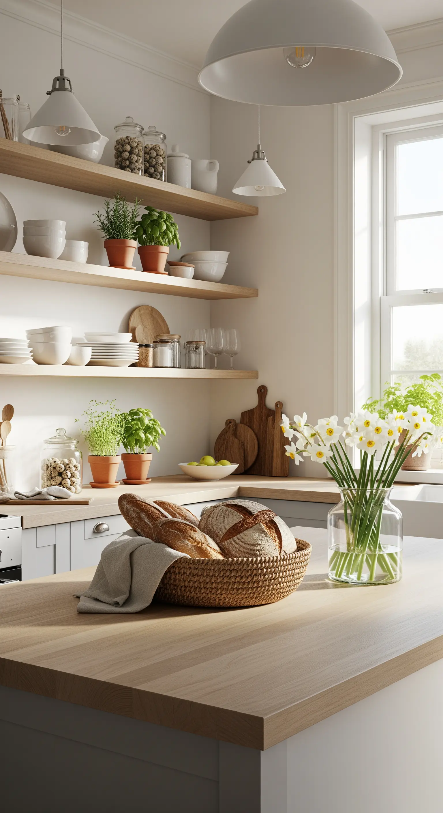 Helle Küche mit Holzregalen, Kräutern, Brotkorb und Narzissen