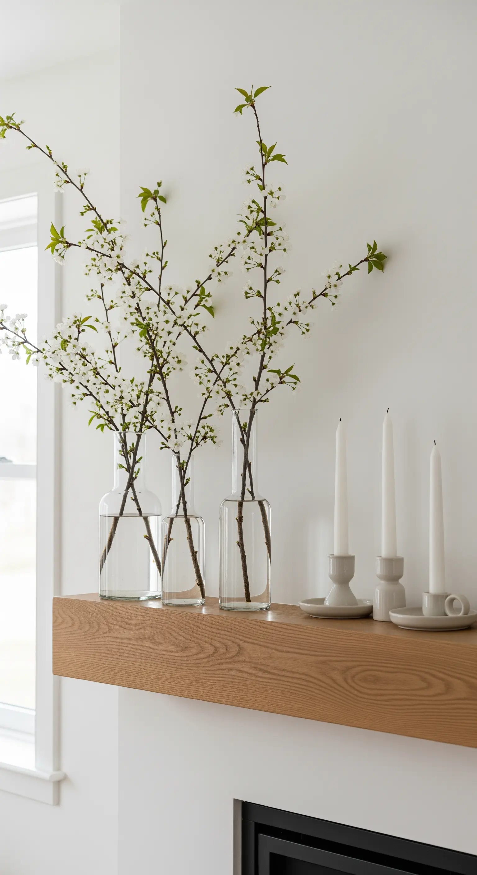 Kaminumrandung Deko für den Frühling mit blühenden Zweigen und weißen Kerzen.