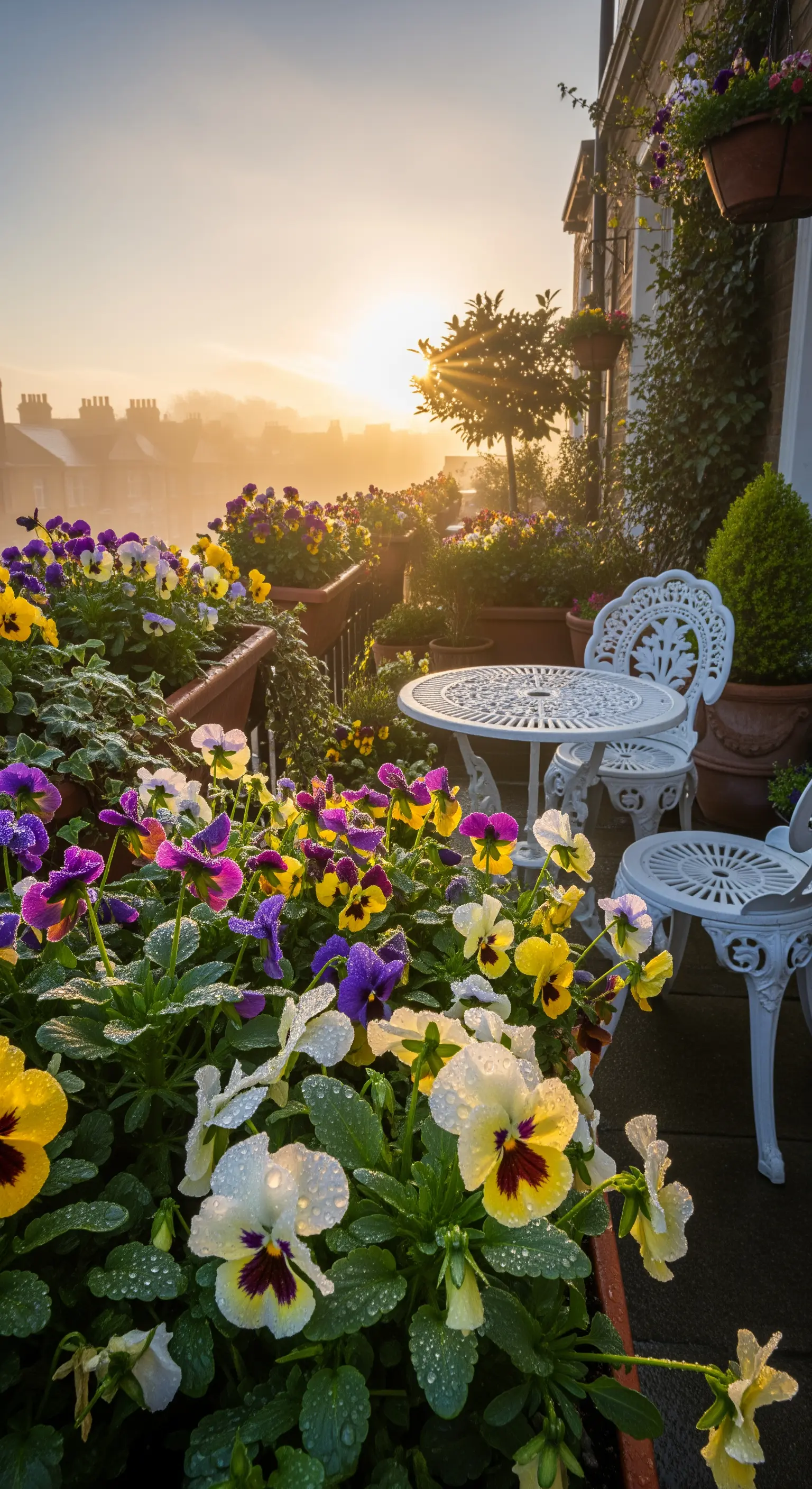 Balkon mit bunten Stiefmütterchen, Veilchen und weißem Bistro-Set