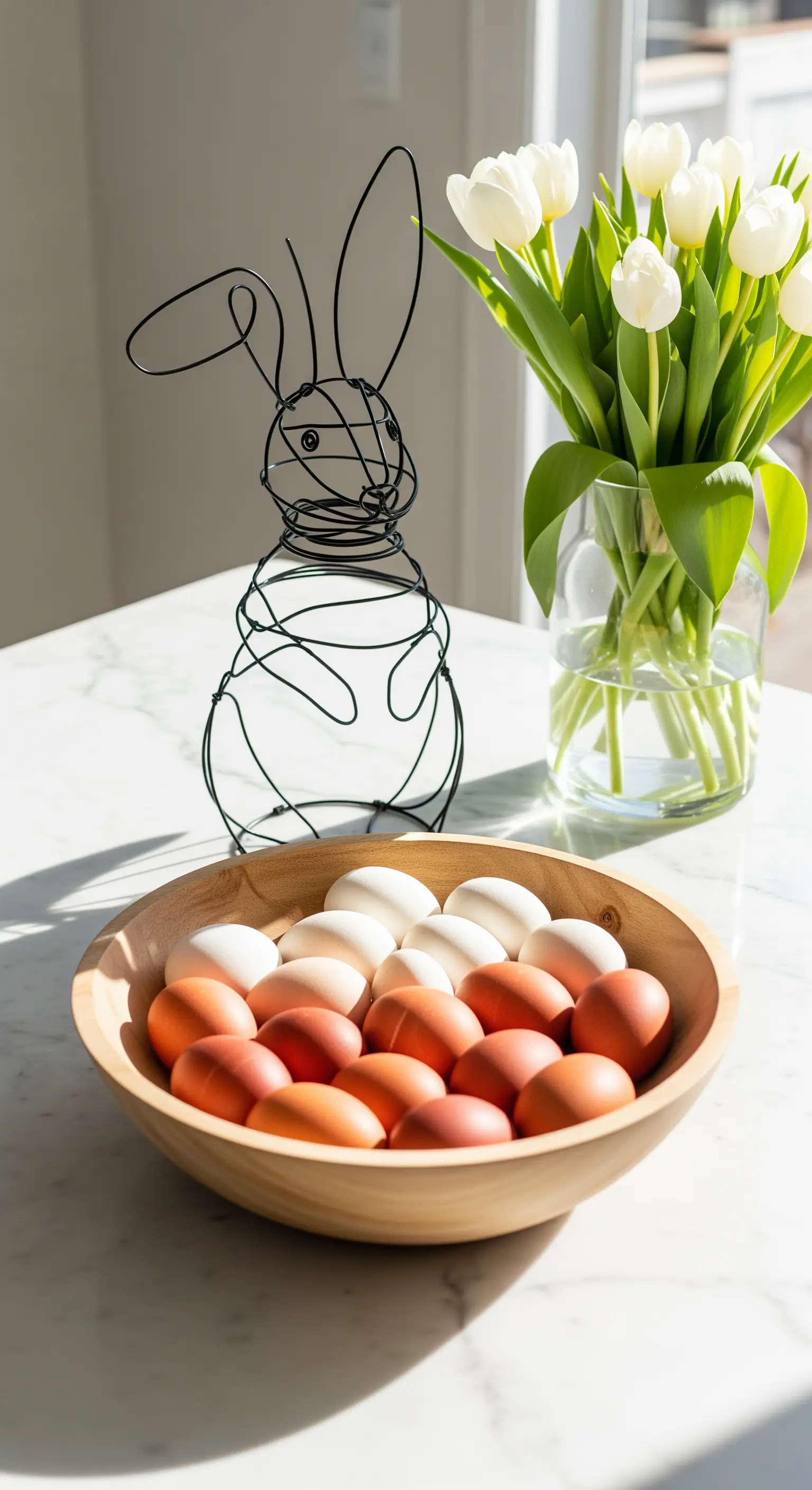 Draht-Hase, Natur-Eier in Holzschale und weiße Tulpen auf Marmorplatte