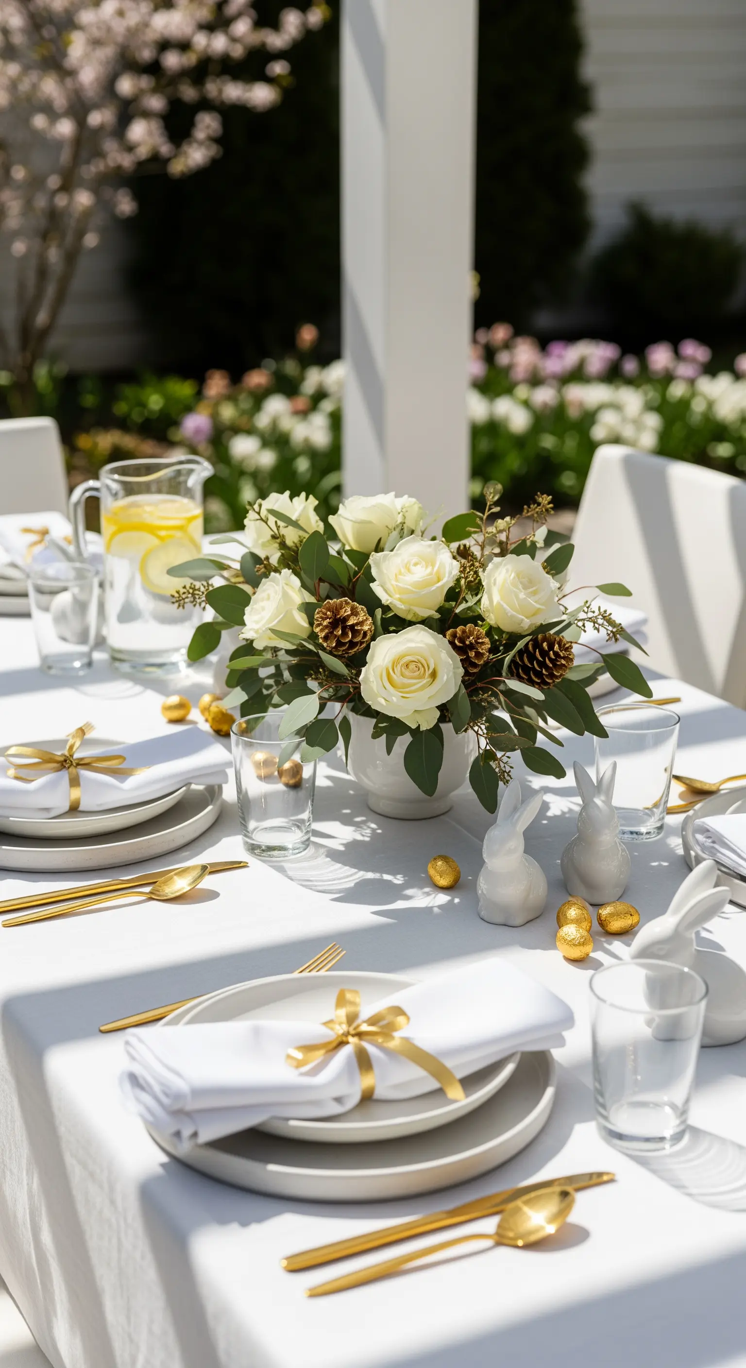 Oster-Tisch im Freien mit weißen Rosen, Hasen und Gold