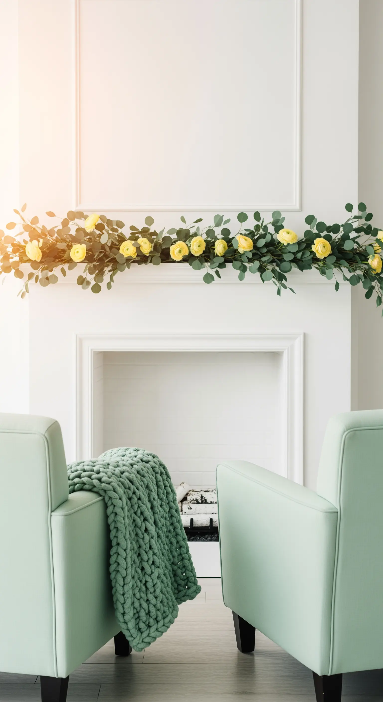 Kamin mit Eukalyptus-Ranunkel-Girlande, mintgrüne Sessel, grob gestrickte Decke