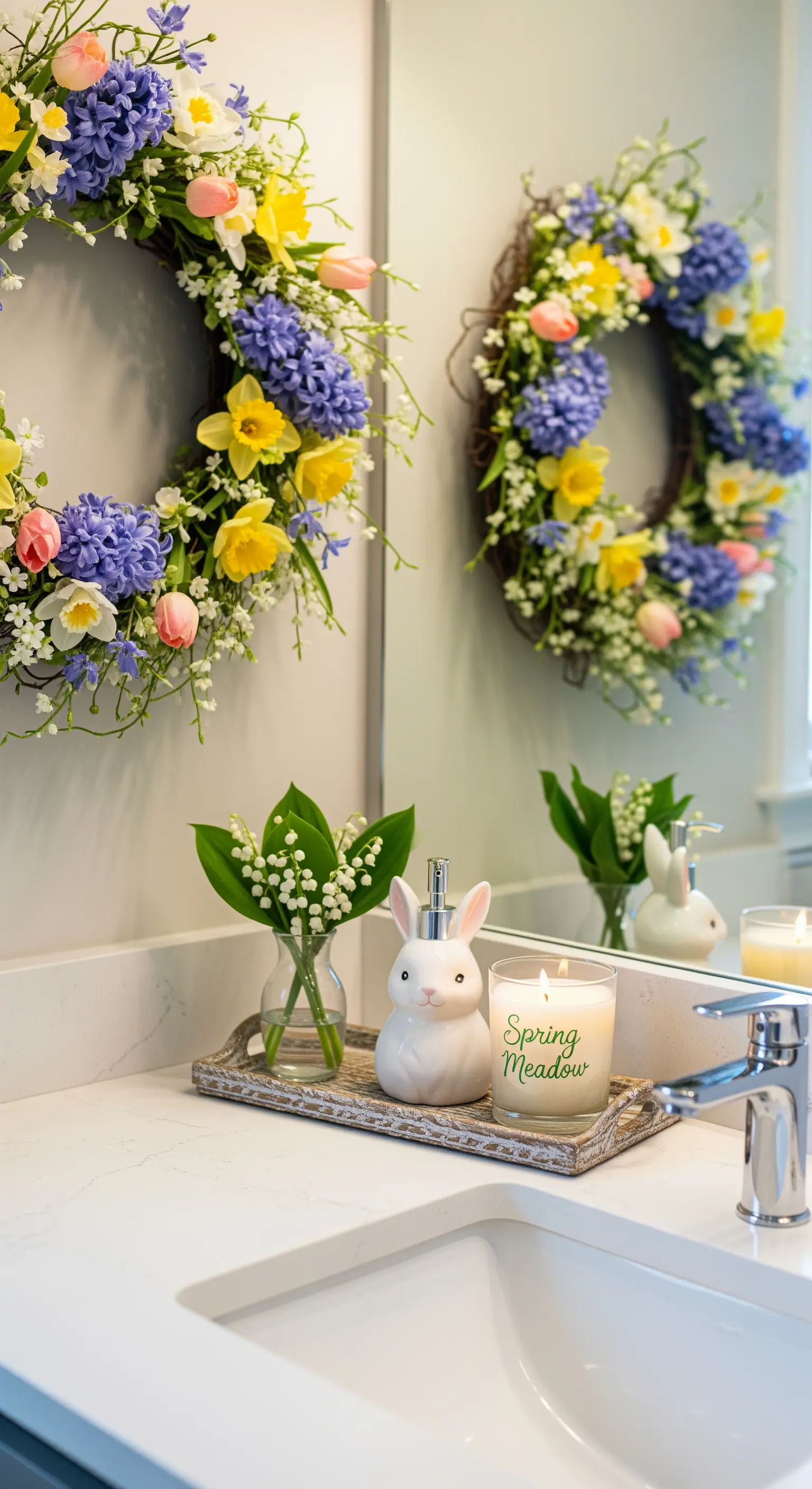 Badezimmer-Waschtisch mit floralen Kränzen, Maiglöckchen, Hasen-Seifenspender und Kerze.