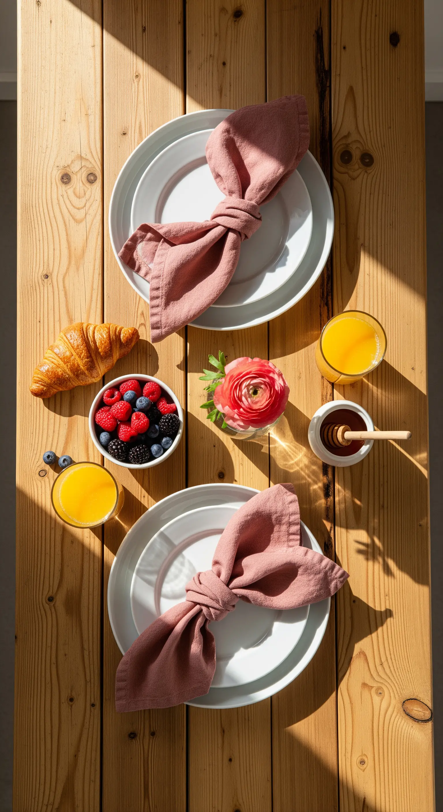 Frühstück auf Holztisch mit rosa Servietten, Beeren und Ranunkel