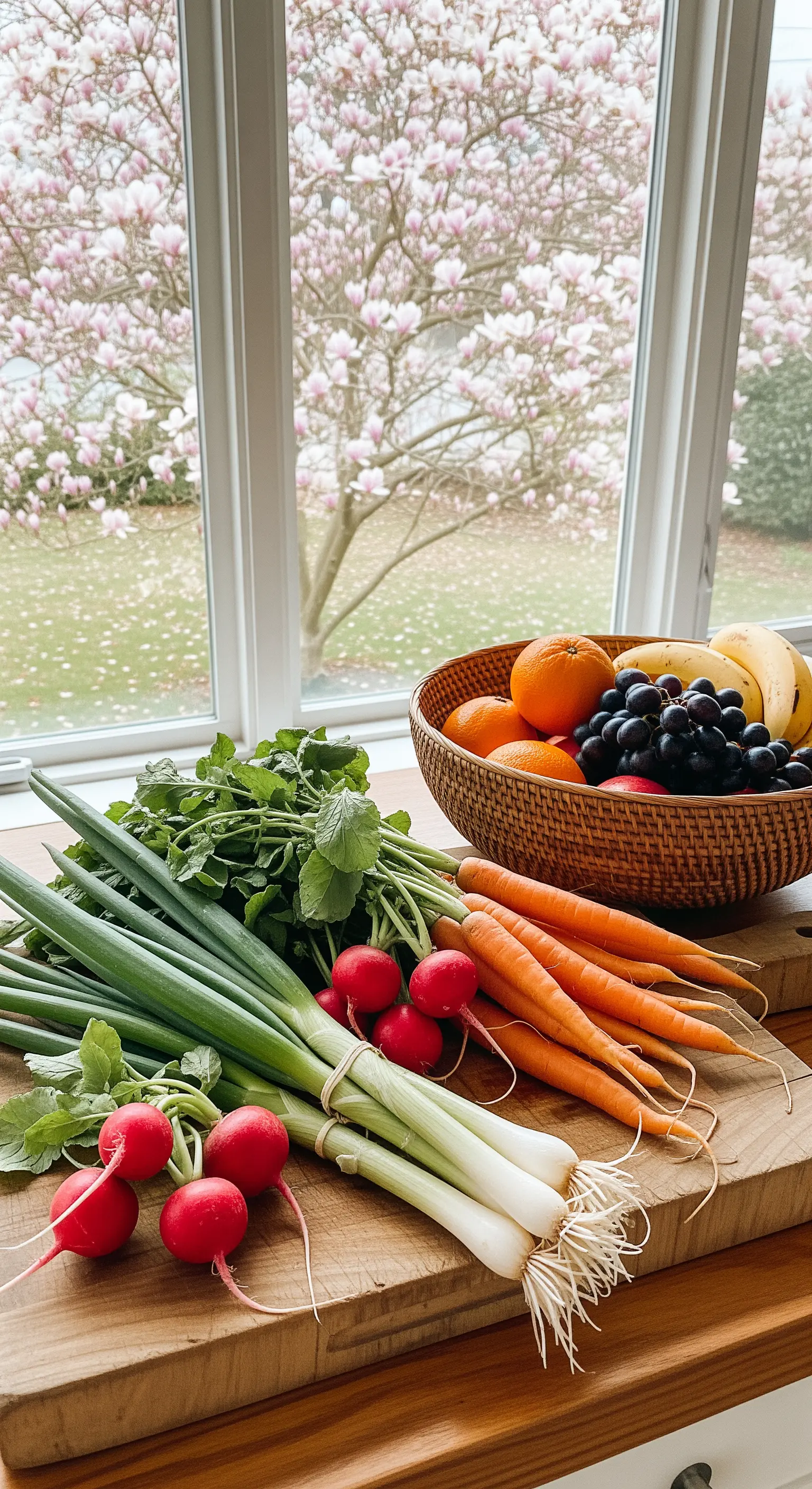 Frühlingsgemüse und Obst auf Holzbrett vor Magnolienbaum