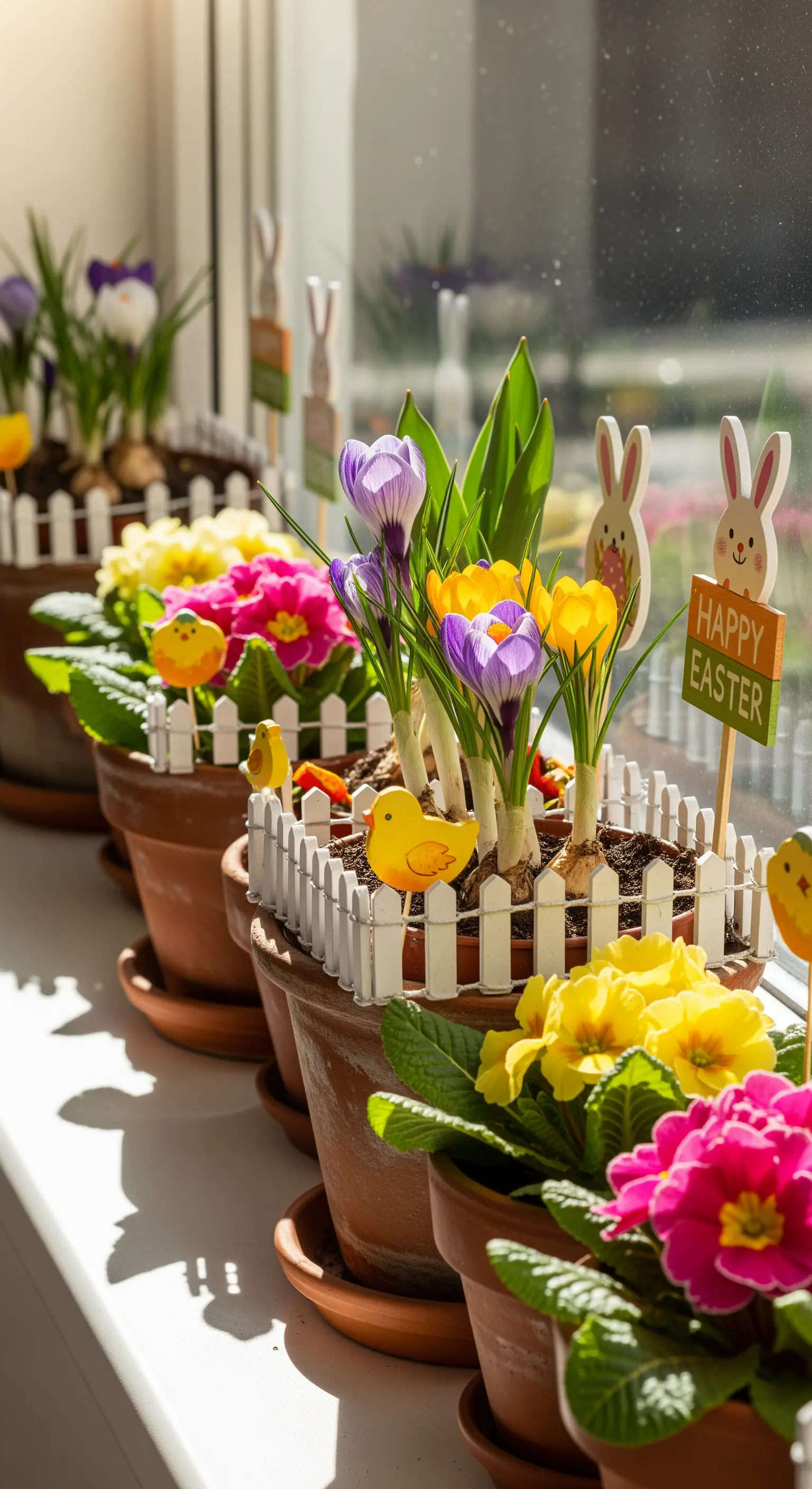 Fensterbank mit Frühlingsblumen in Terrakotta-Töpfen, Mini-Zäunen und Oster-Steckern.