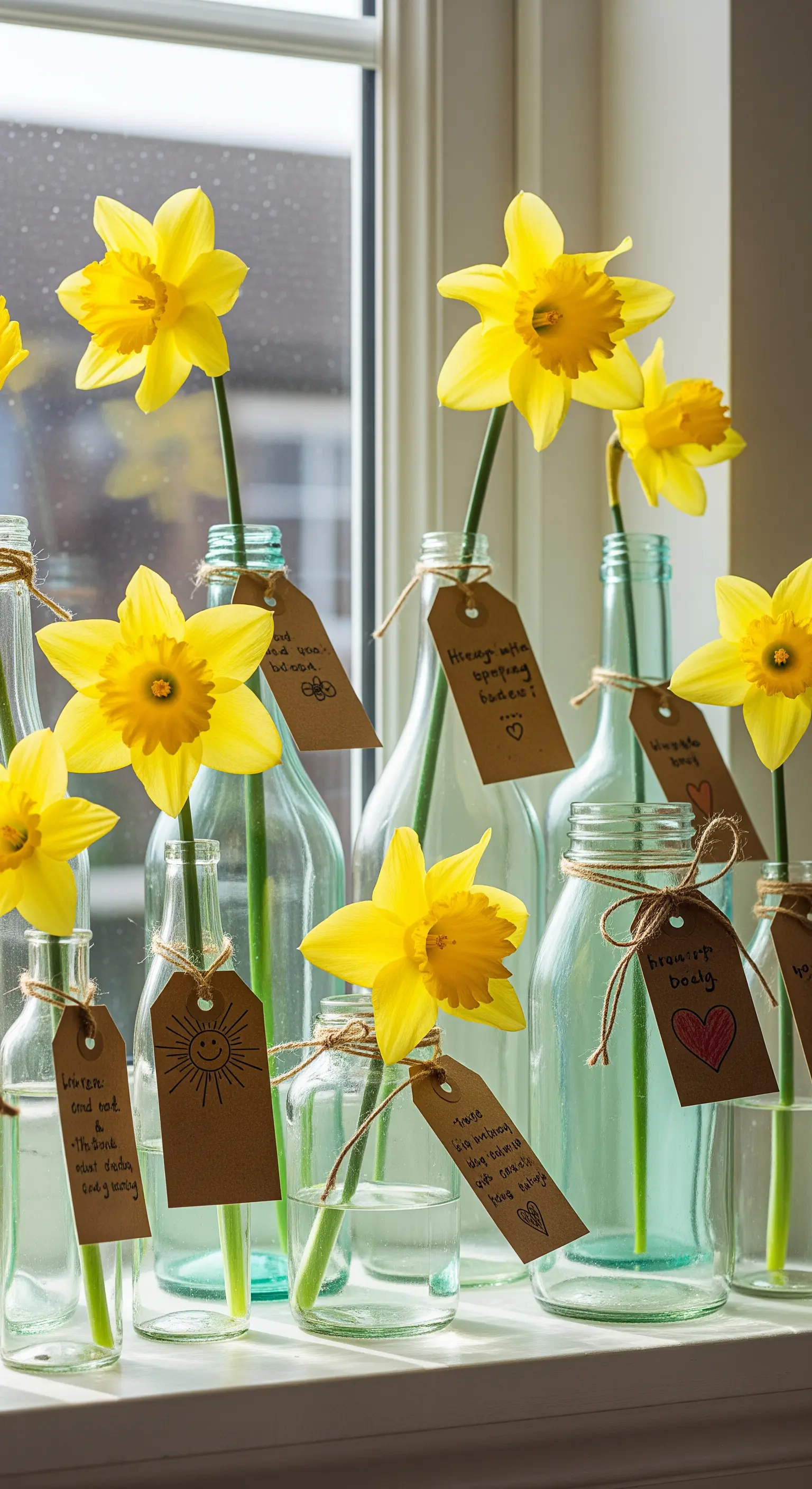 Narzissen in Glasflaschen mit individuellen Kraftpapier-Etiketten auf einer Fensterbank