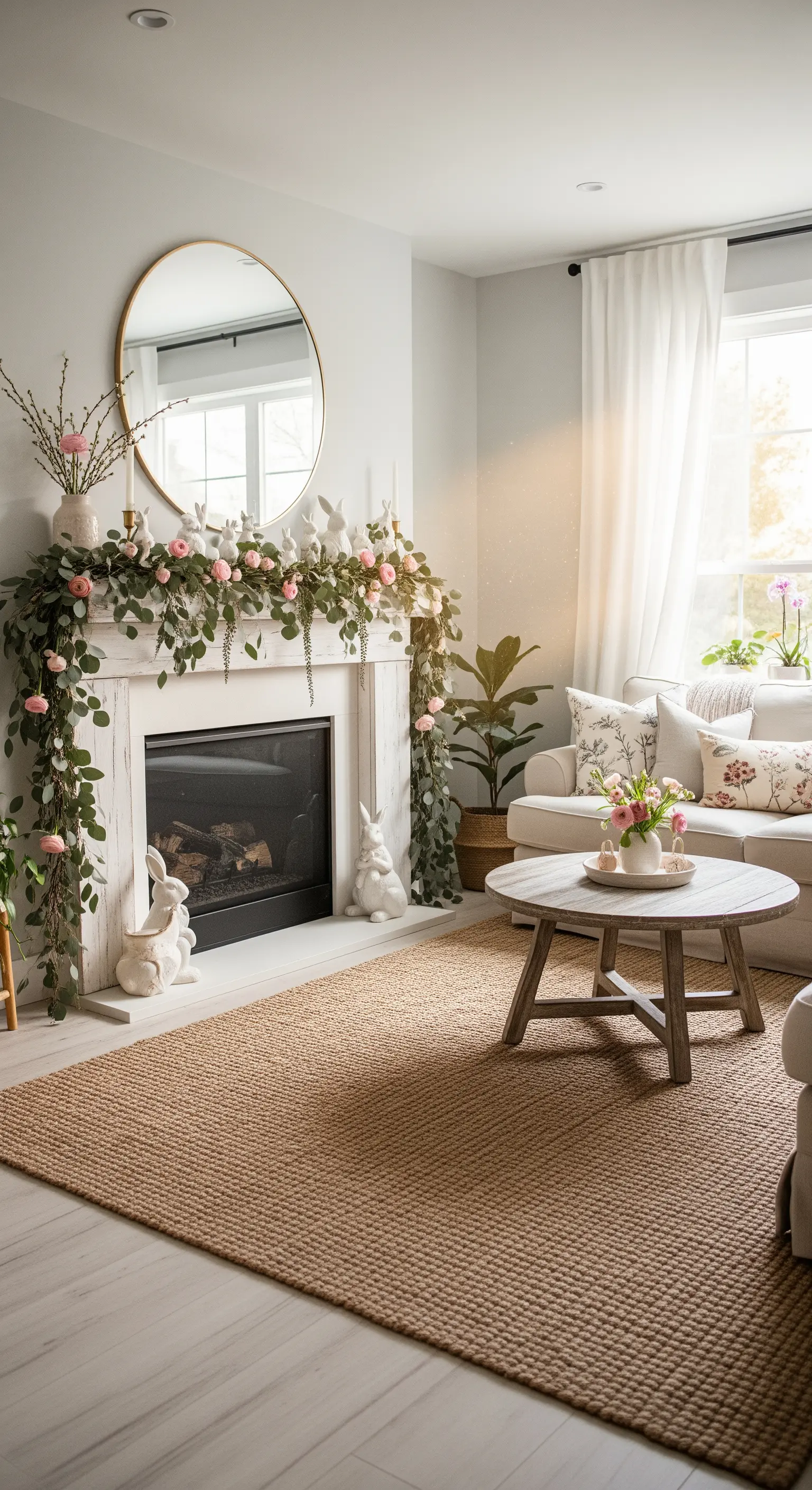 Kamin mit Eukalyptus-Girlande, rosa Blüten, weißen Hasen, rundem Spiegel und Jute-Teppich.