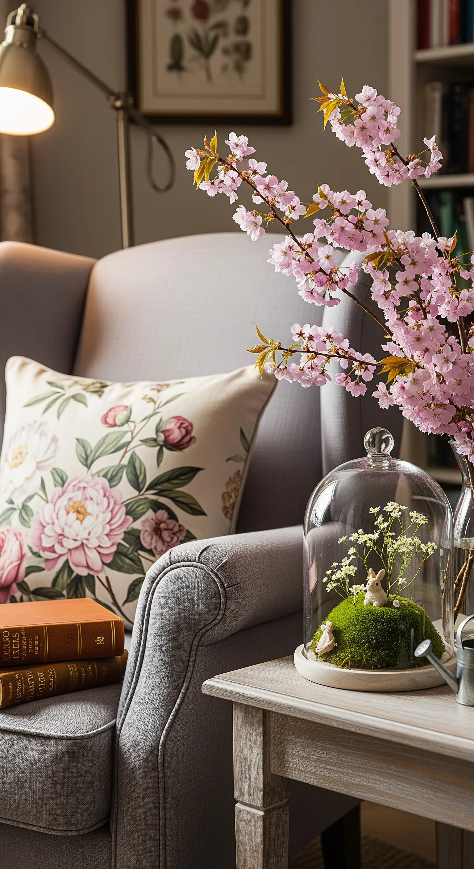 Leseecke mit Sessel, floralem Kissen, Kirschblüten und Glasglocke mit Miniaturhase.