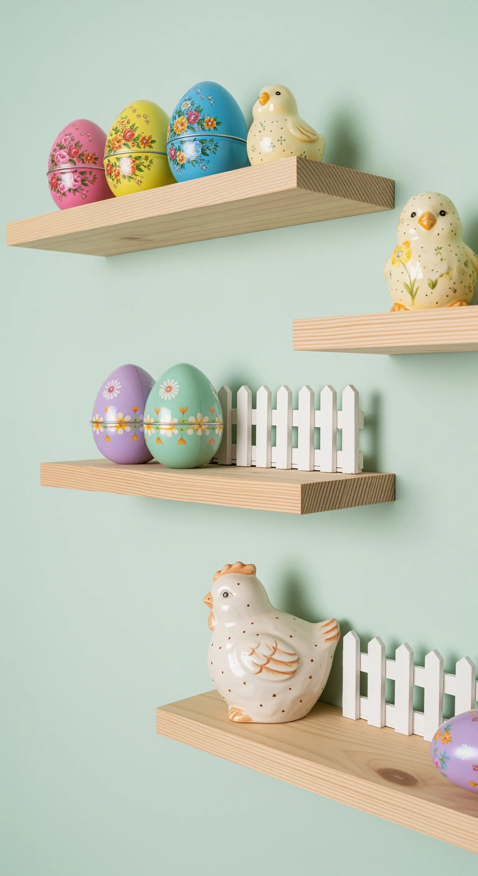 Regal mit Huhn-Figuren, Ostereiern und Zäunchen.