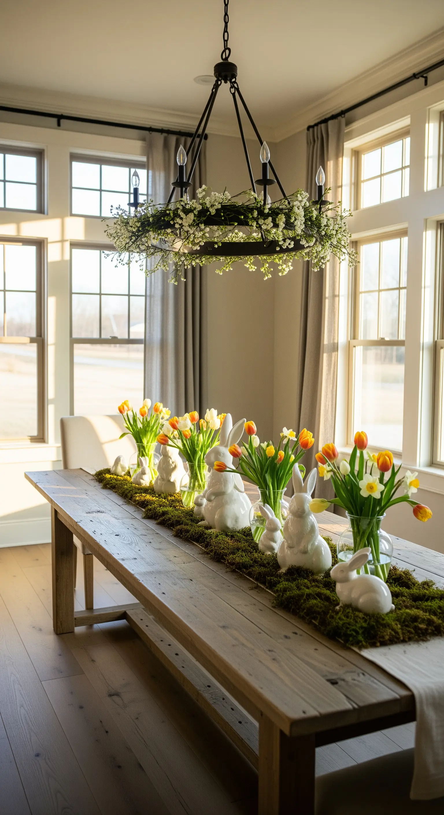 Esstisch mit Moosläufer, weißen Hasen, Tulpen und hängendem Blumenkranz.