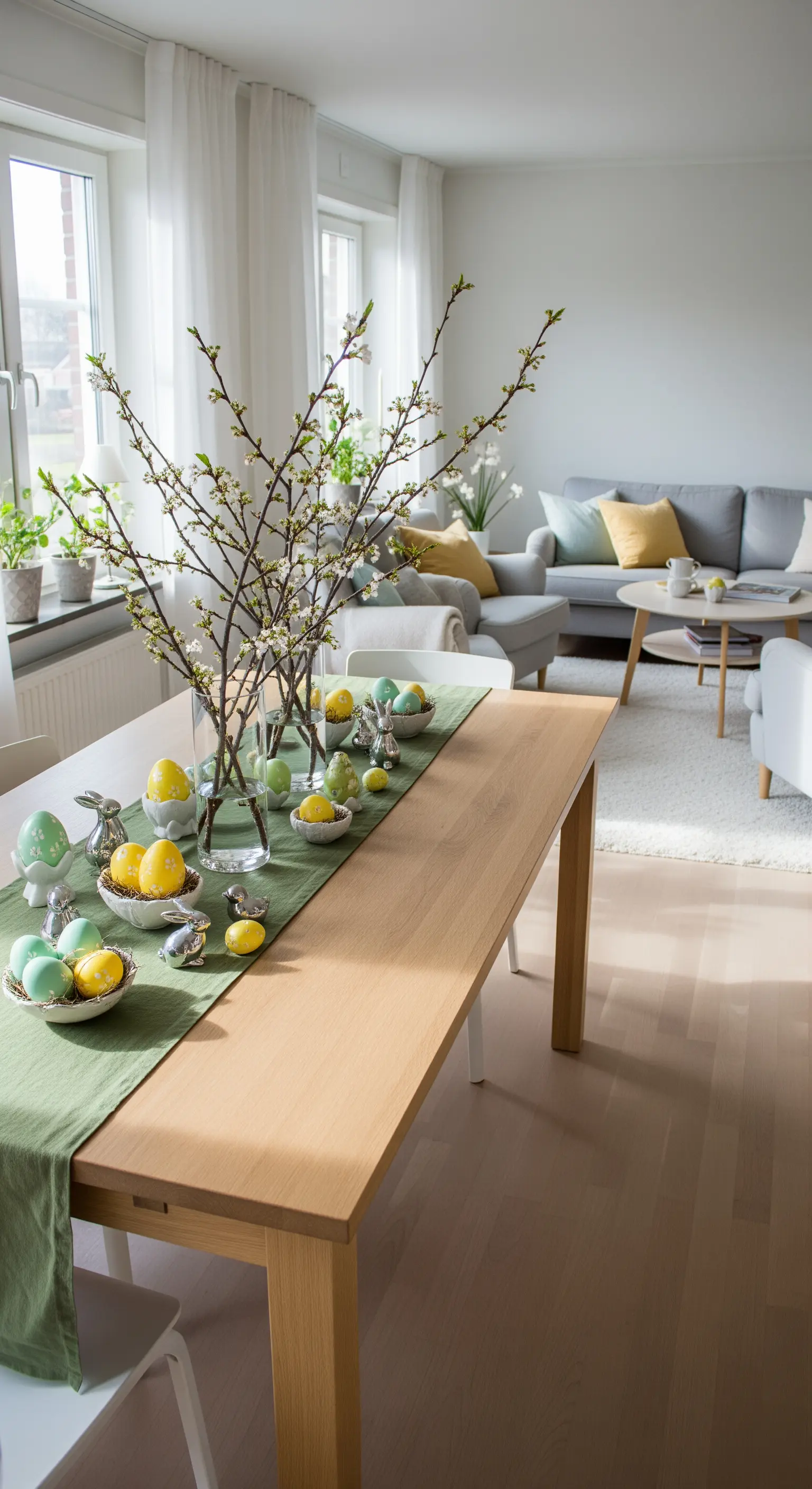 Eleganter Ostertisch mit Blütenzweigen, Pastelleiern und minimalistischer Ästhetik