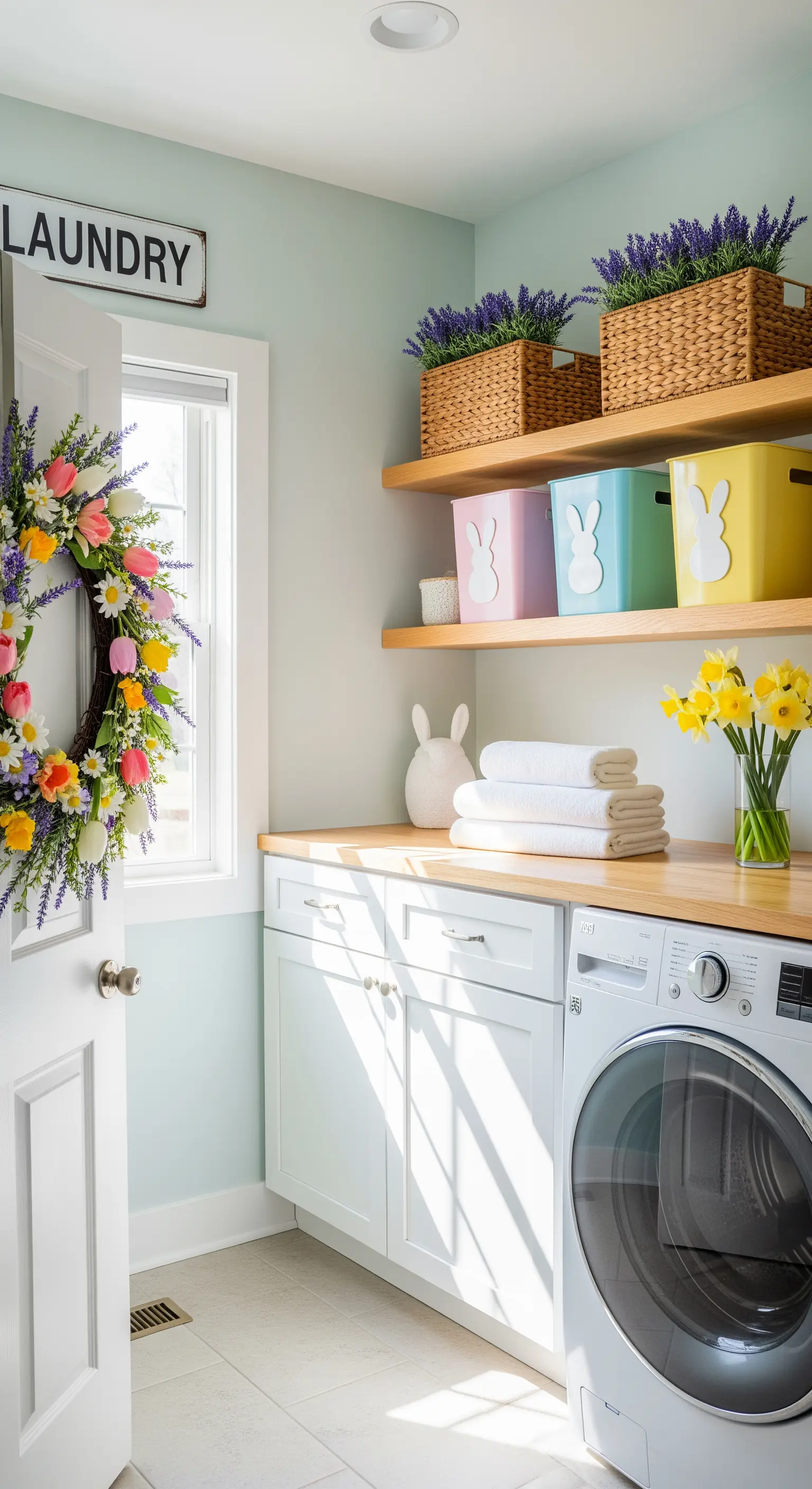 Waschküche mit mintgrünen Wänden, Osterdeko und Blumenkranz an der Tür.