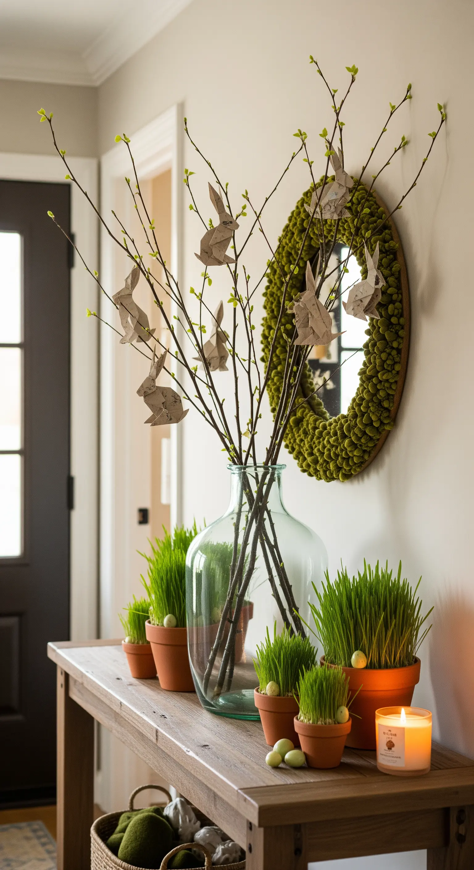 Eingangsbereich mit Zweigen, Origami-Hasen und Weizengras in Tontöpfen