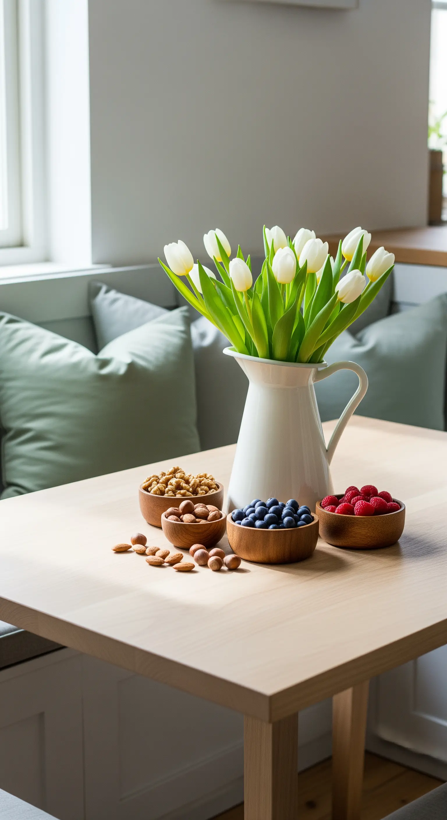 Holztisch mit weißem Tulpenkrug und Schalen voller Beeren und Nüsse