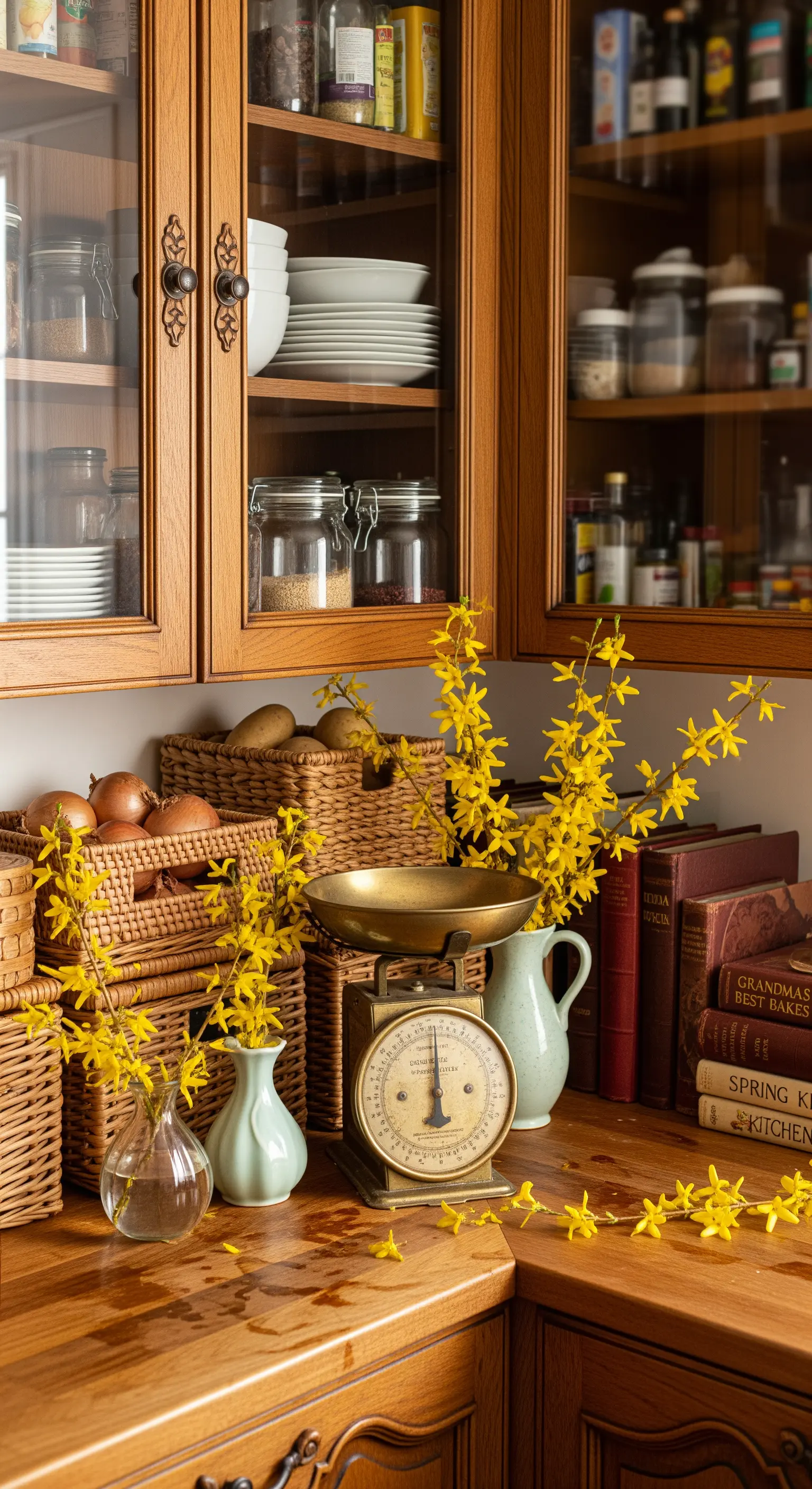 Gelbe Forsythienzweige, Vintage-Waage und Kochbücher auf Küchentheke