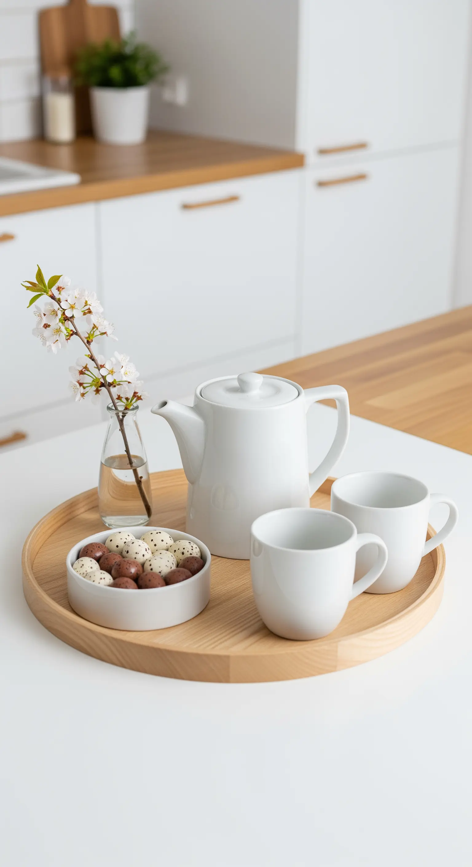 Holztablett mit Teekanne, Tassen, blühendem Zweig und Schokoeiern