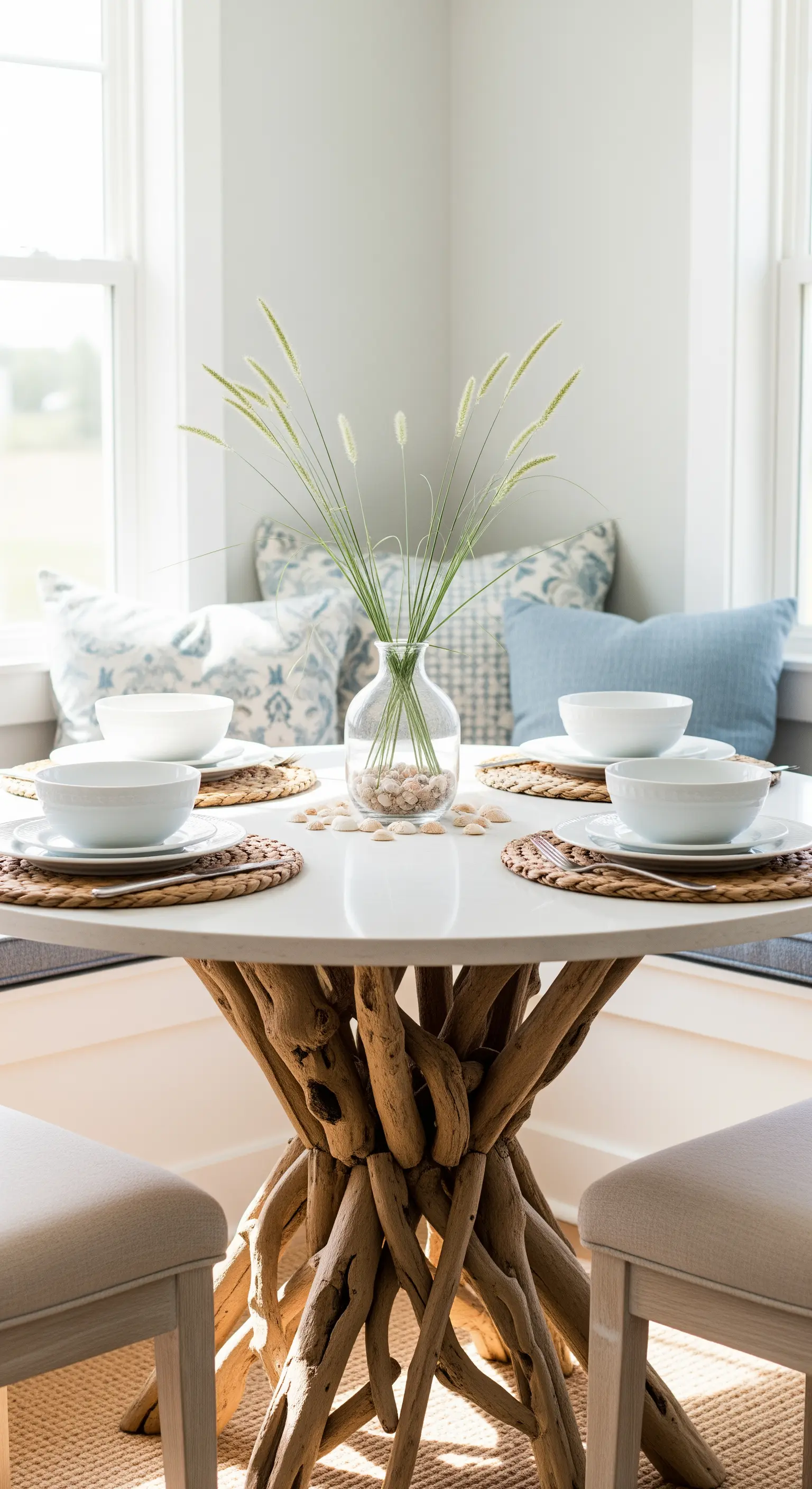 Frühstücksecke mit Treibholz-Esstisch, Muscheldeko und Gras-Arrangement