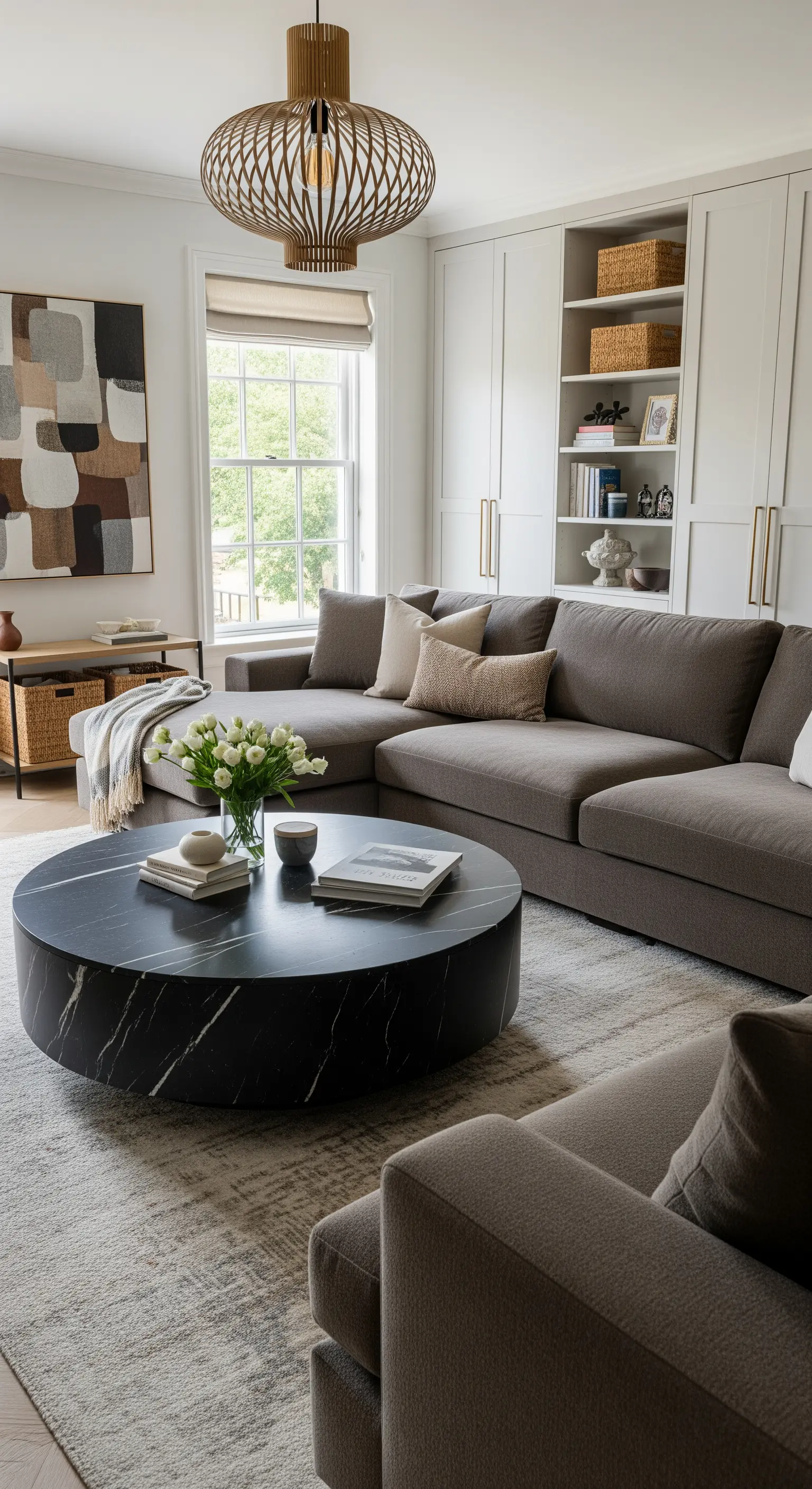 Großer, runder schwarzer Marmortisch vor einem grauen Ecksofa in einem hellen Wohnzimmer.