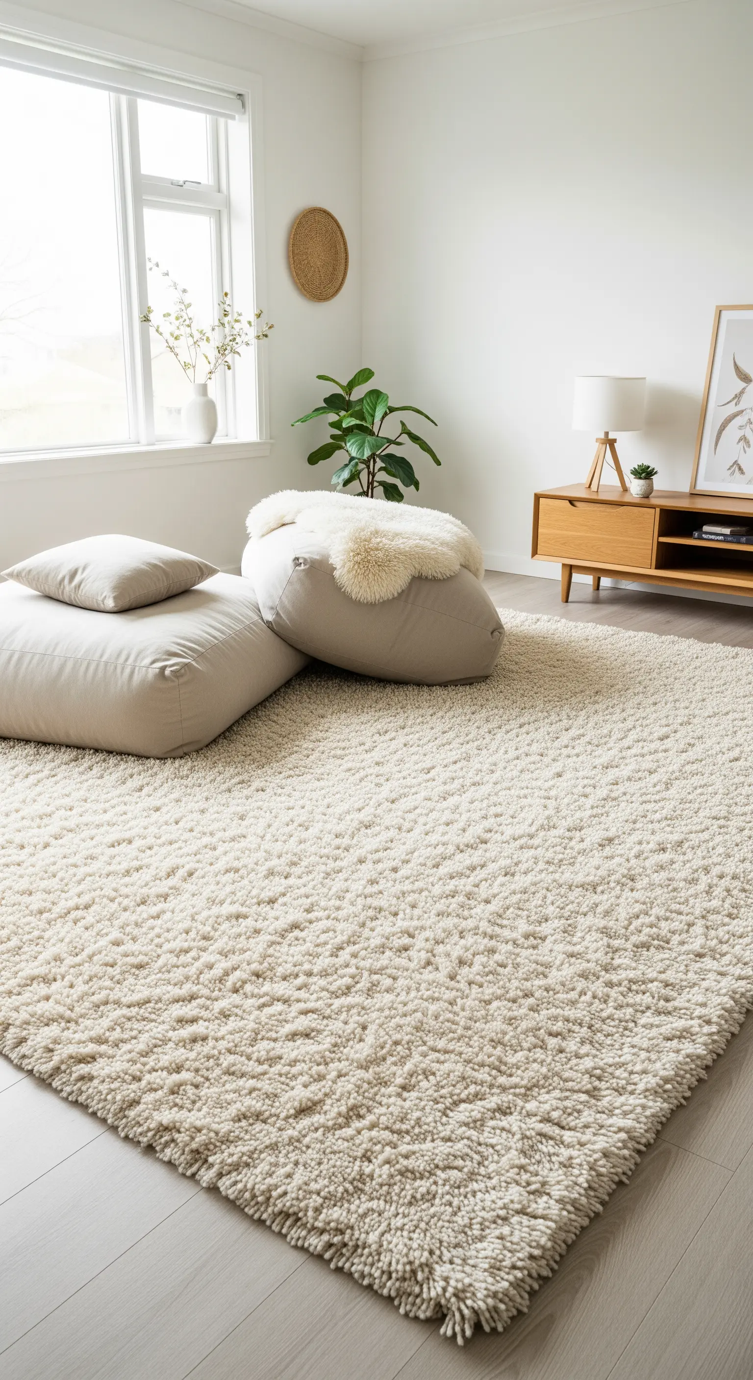 Ein gemütliches Wohnzimmer mit einem großen, cremefarbenen Shaggy-Teppich und Bodenkissen.