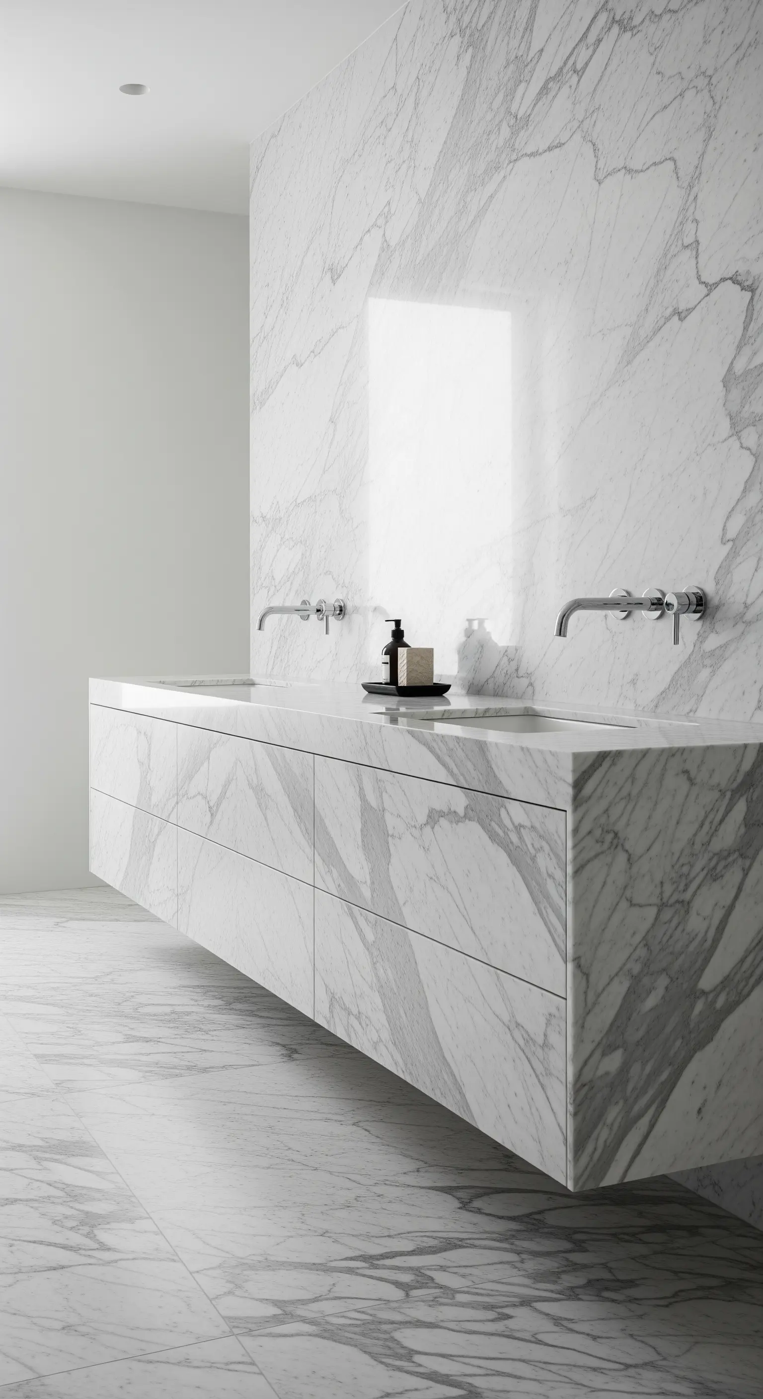 Schwebender Waschtisch und Rückwand aus einem einzigen Block weißen Marmors.