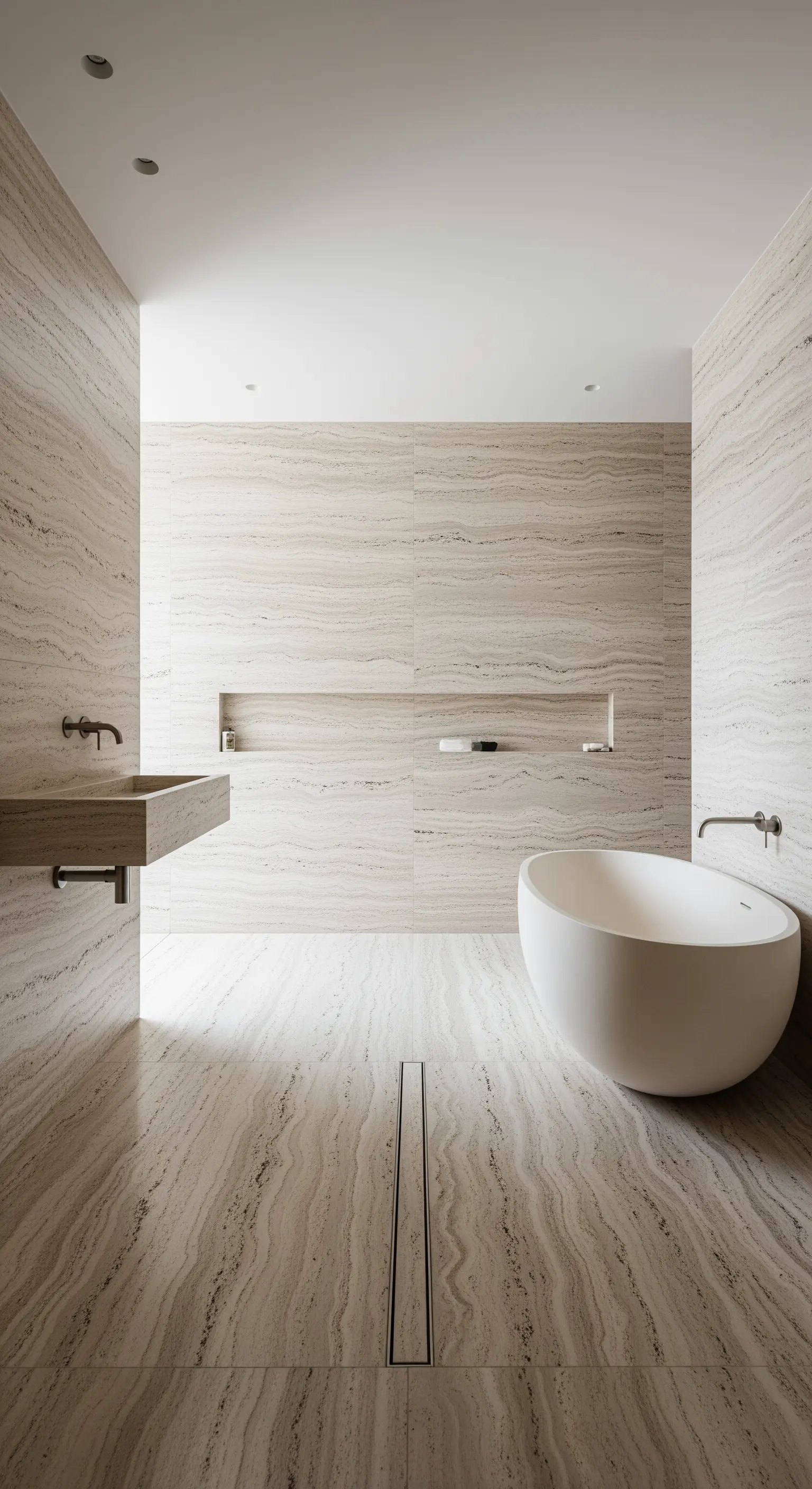 Modernes Badezimmer, das vollständig mit hellen Travertin-Steinplatten verkleidet ist.