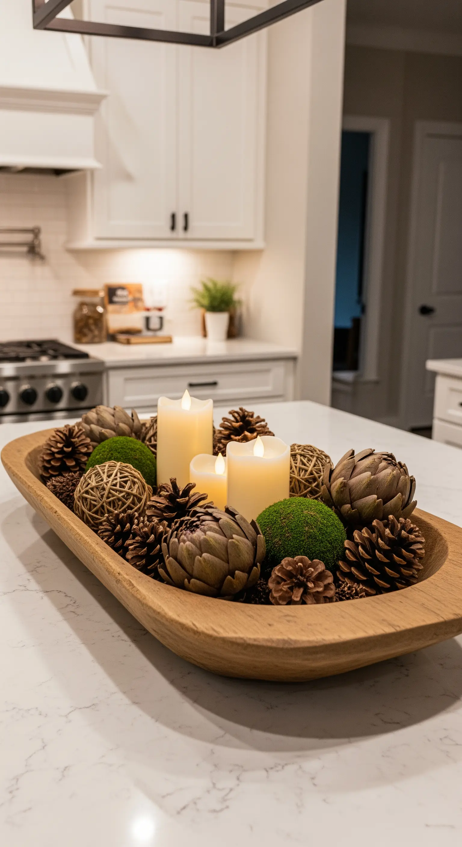 Längliche Holzschale gefüllt mit Zapfen, Artischocken, Moos und LED-Kerzen.
