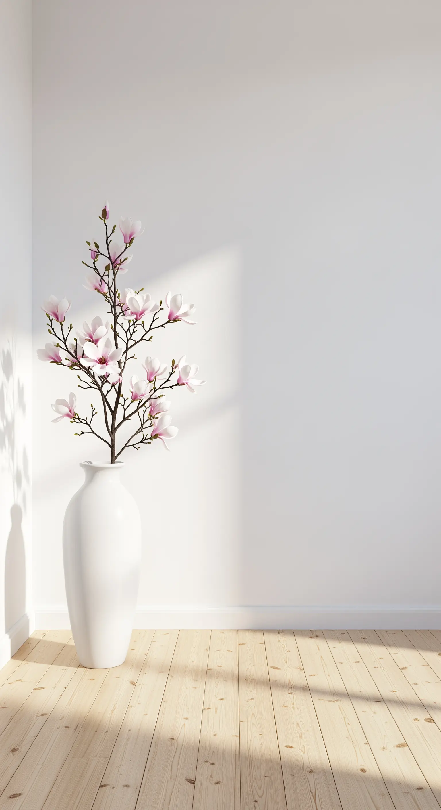Eine große weiße Bodenvase mit Magnolienzweigen in einer leeren, sonnigen Ecke.