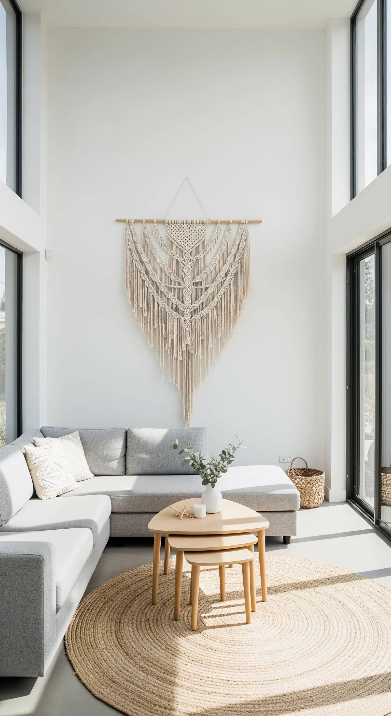 Großer Makramee-Wandbehang über einem grauen Ecksofa in einem Raum mit hohen Decken.