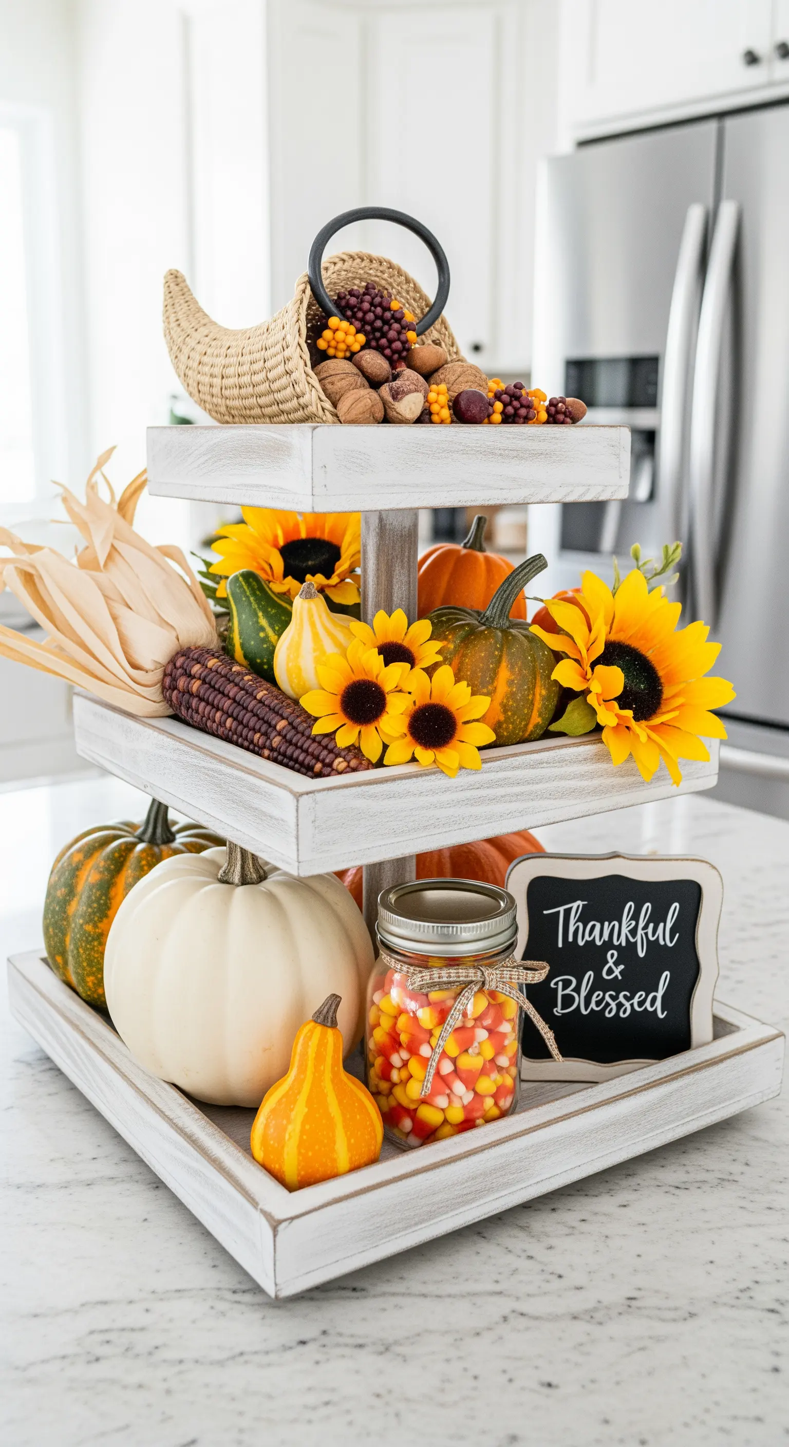 Weiße quadratische Etagere gefüllt mit Erntedank-Deko wie Kürbissen und Füllhorn