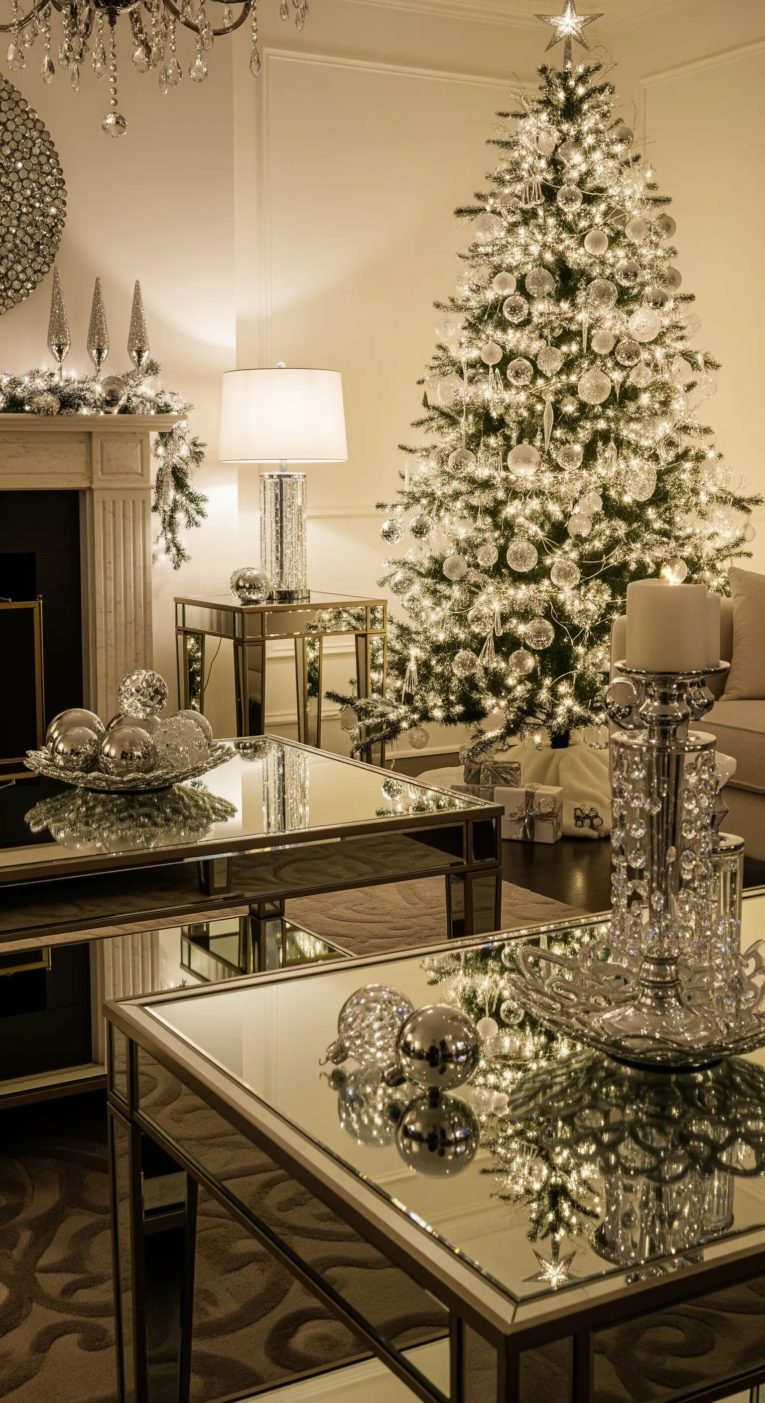 Glamouröse Weihnachtsdeko, Spiegeltische, silberne Kugeln, funkelndes Licht