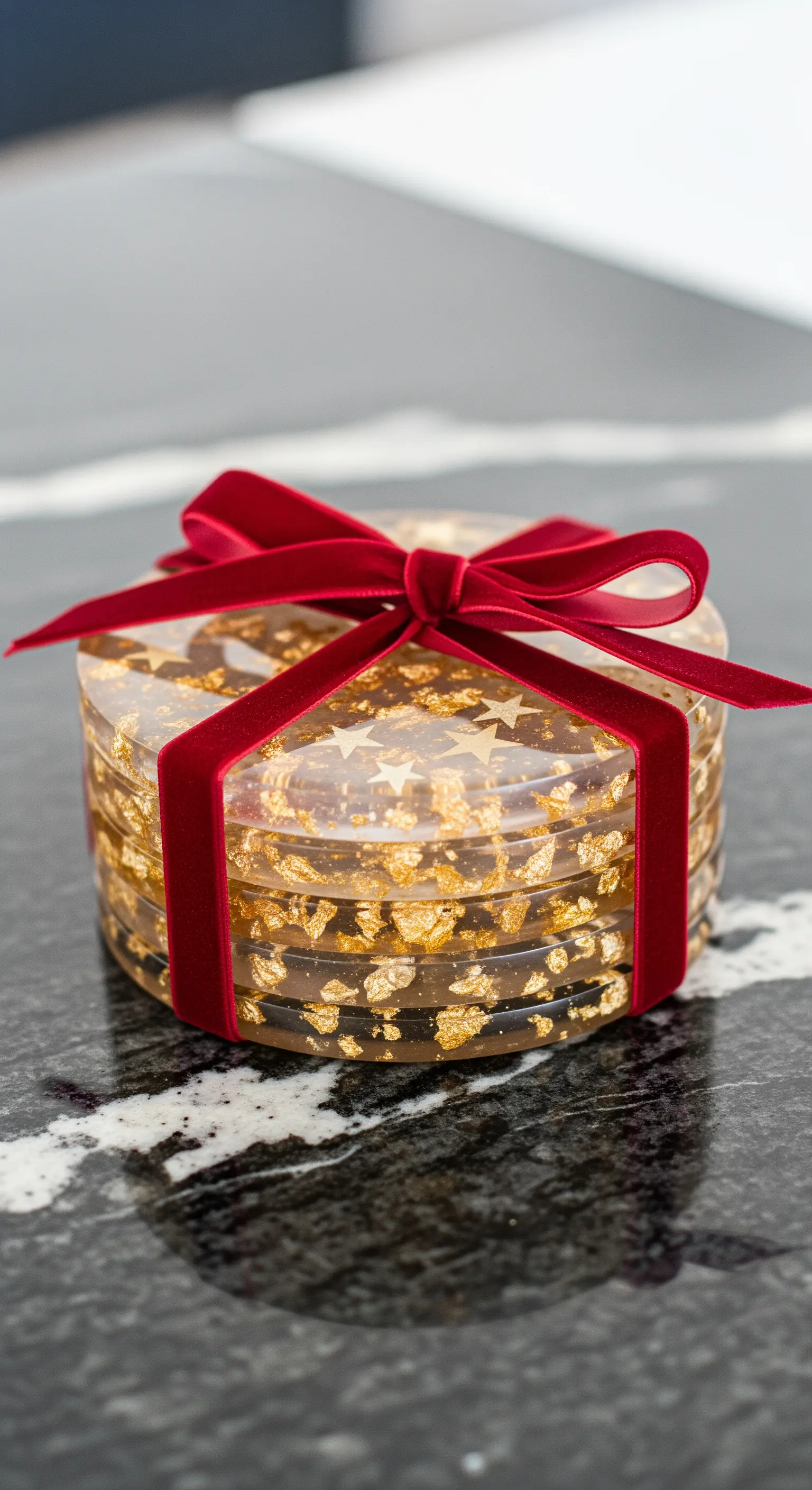 Runde Untersetzer mit Goldflocken und roten Samtband, präsentiert auf einer schwarzen Marmorfläche.
