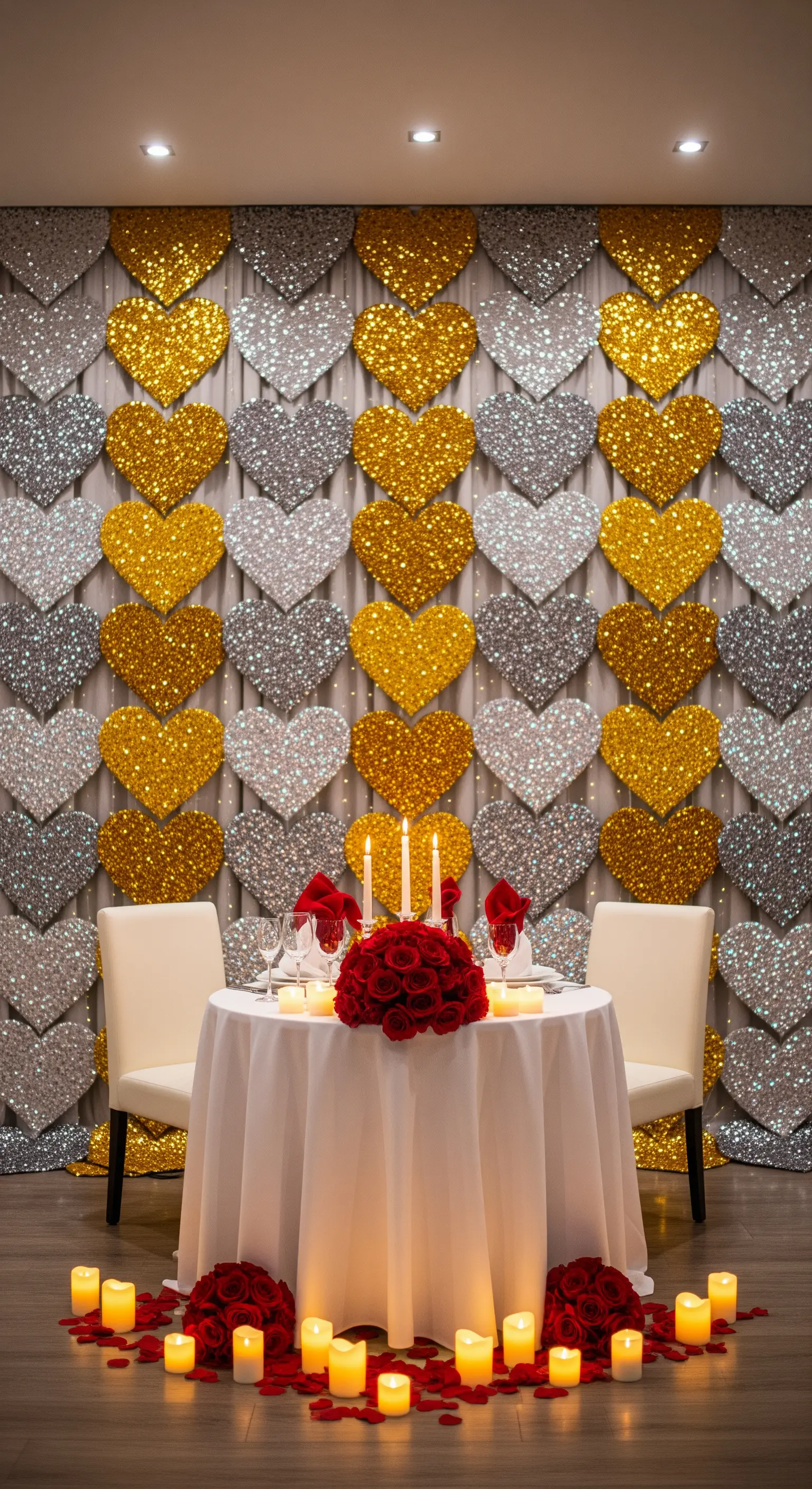 Pailletten-Herz-Wand, gold und silber, romantisches Dinner