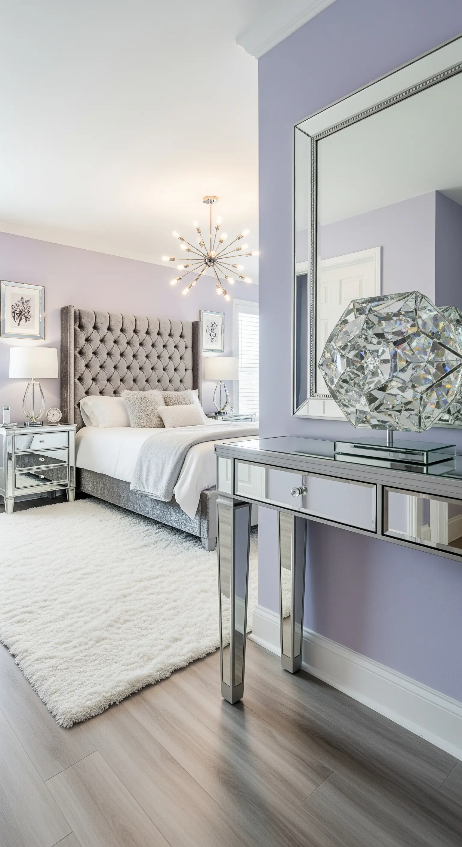 Facettierte Kristallkugel-Skulptur auf einer Spiegelkonsole in einem lila Schlafzimmer.