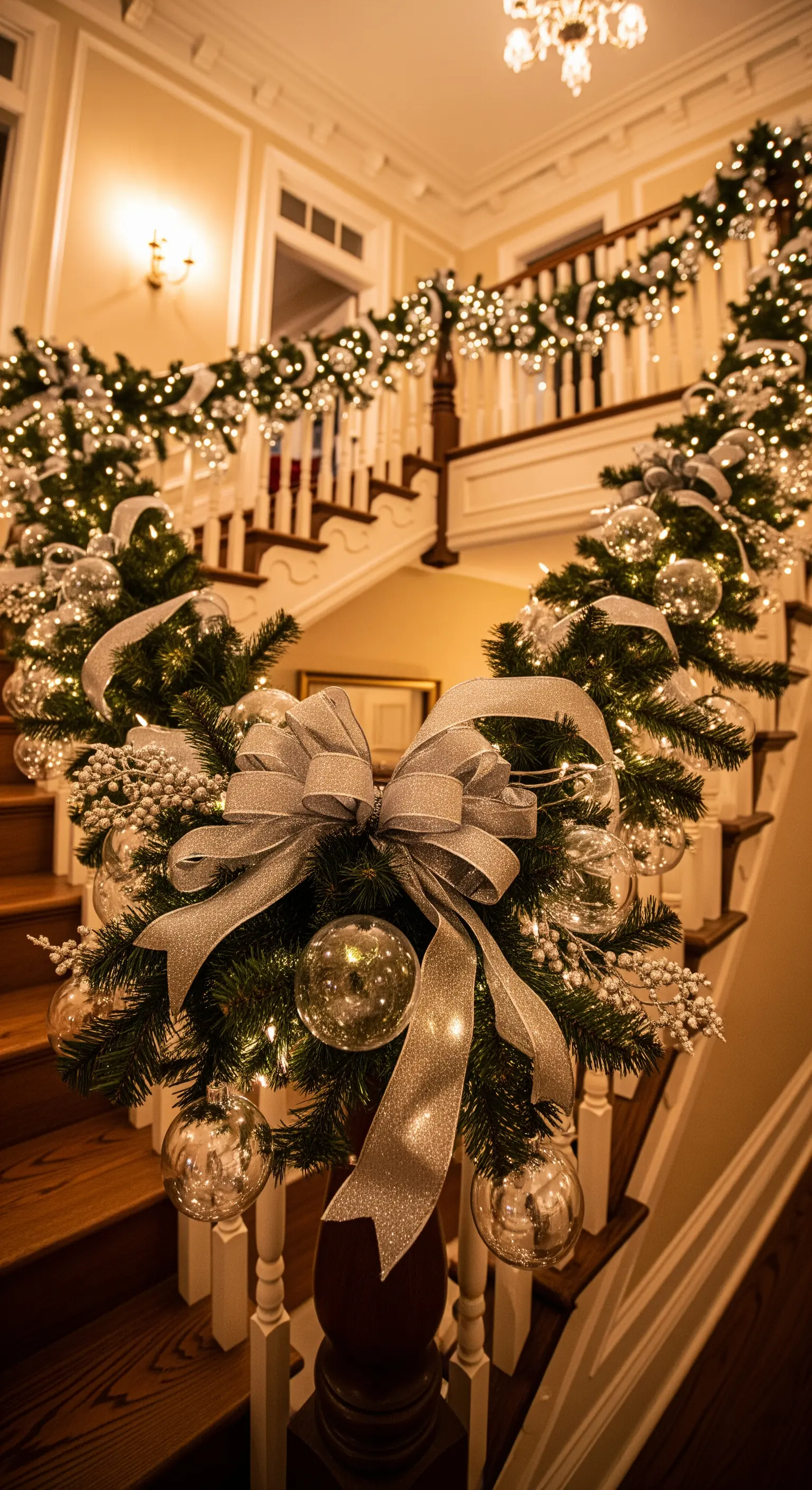 Doppelte Treppe mit üppigen Lichterketten, silbernen Schleifen und transparenten Kugeln.