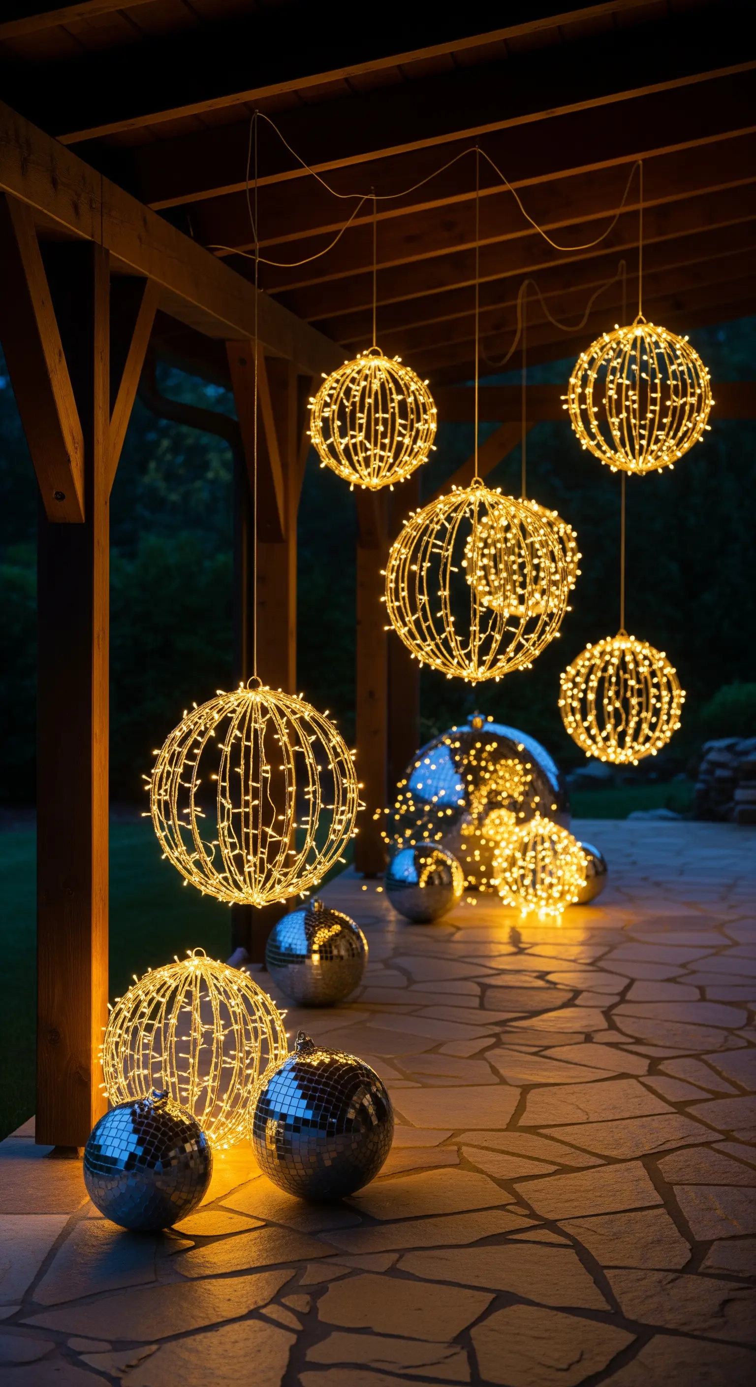 Überdachte Terrasse mit hängenden, beleuchteten Drahtkugeln und Disco-Bällen.