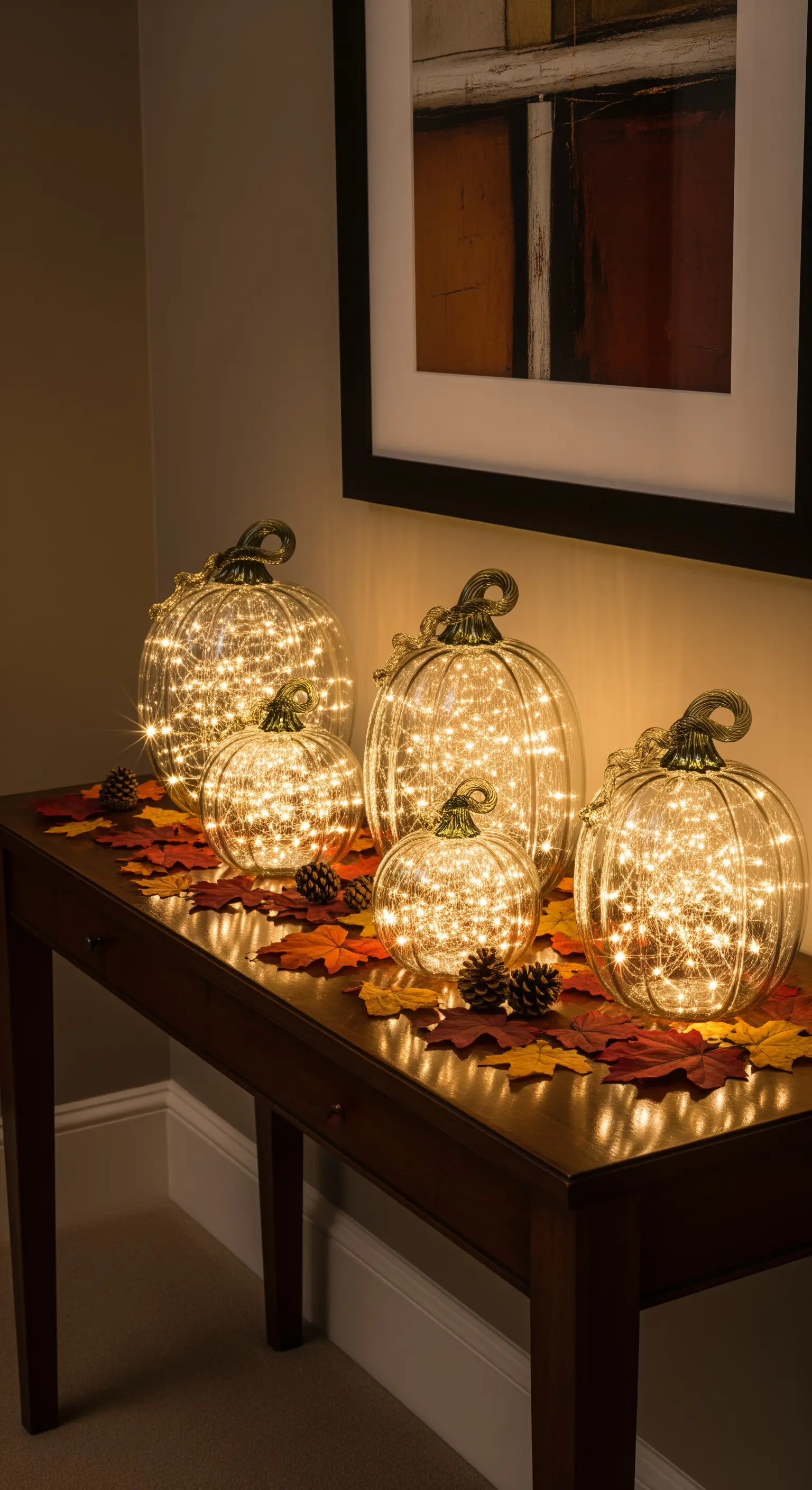 Konsolentisch mit leuchtenden Glaskürbissen, Herbstblättern und Tannenzapfen.