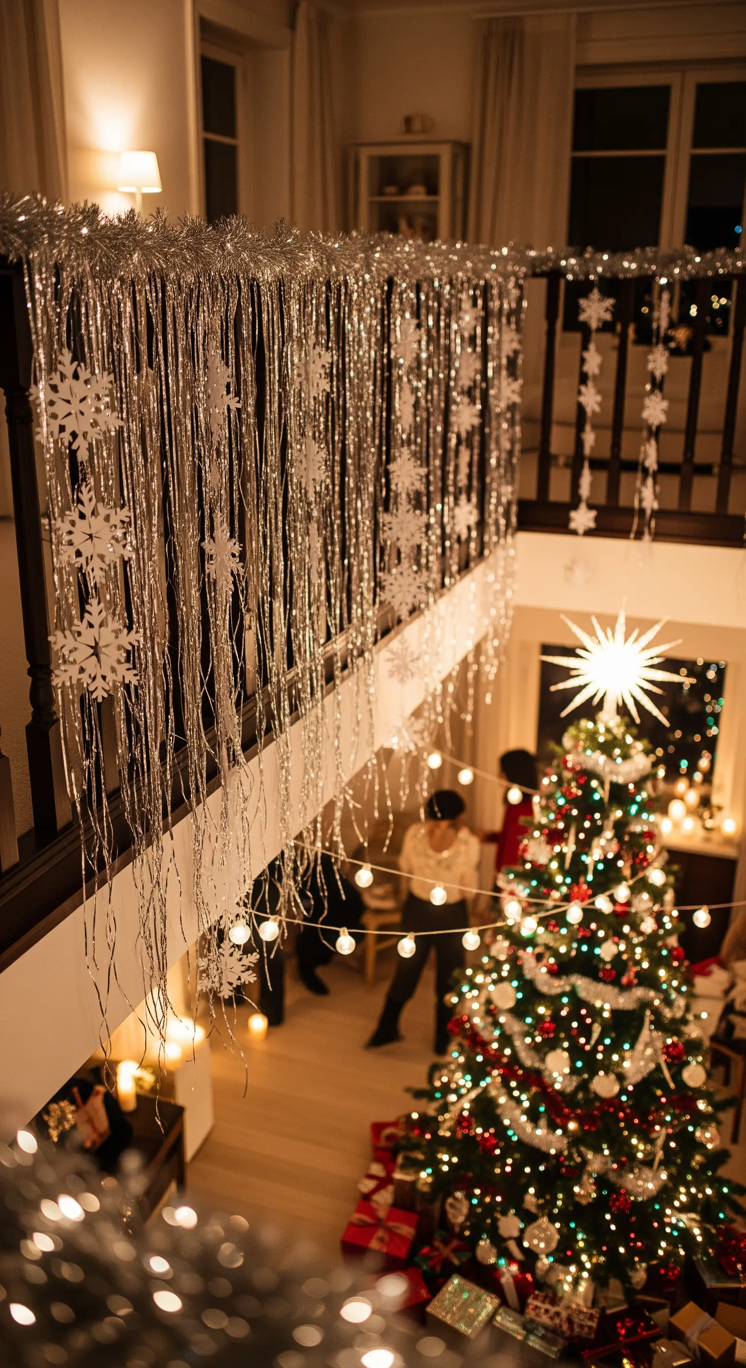 Galeriebereich mit vertikalen Silberlametta-Girlanden und hängenden Papier-Schneeflocken