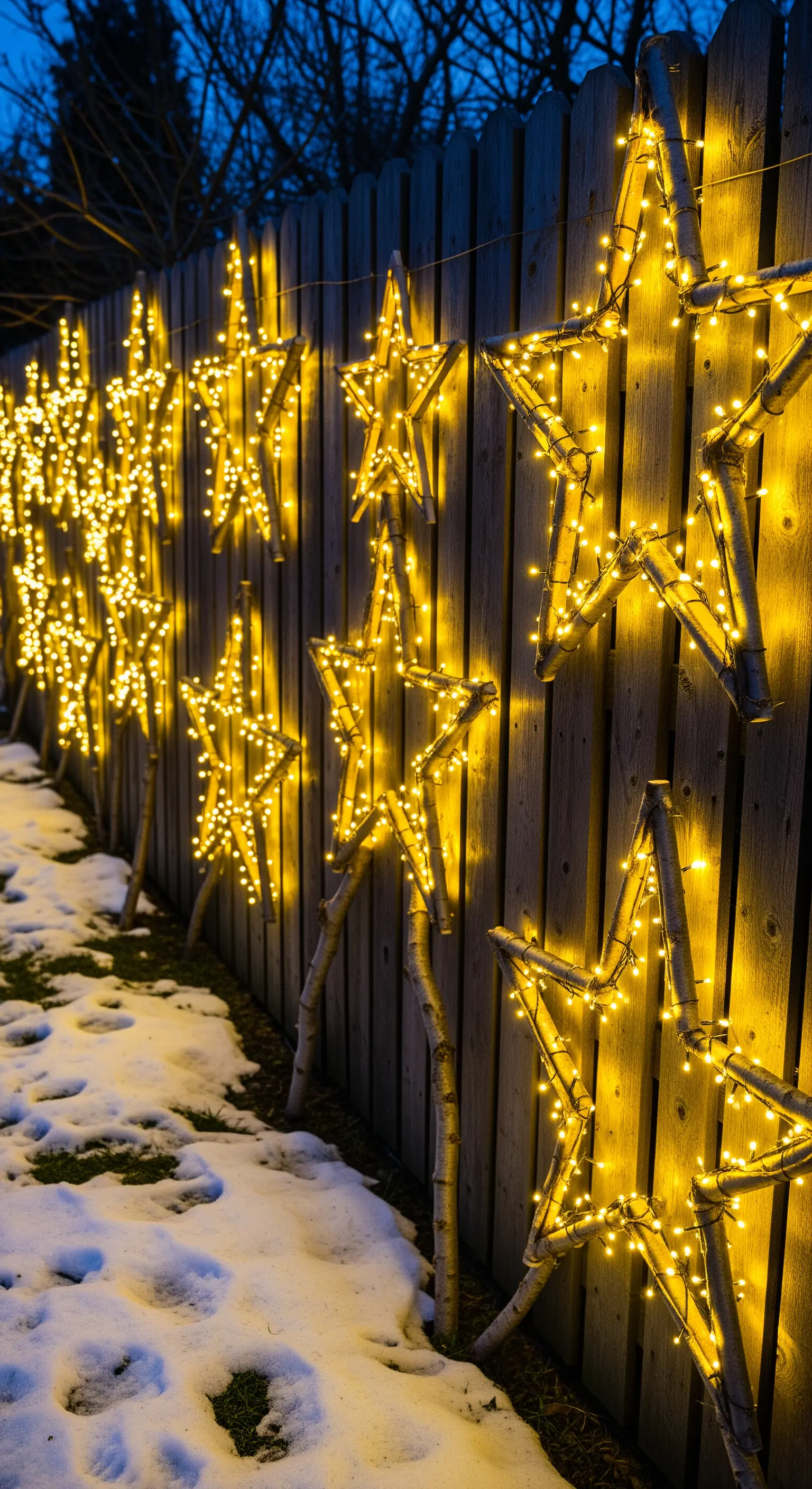 Holzzaun mit einer Reihe beleuchteter Holzsterne, die warmes Licht abstrahlen.