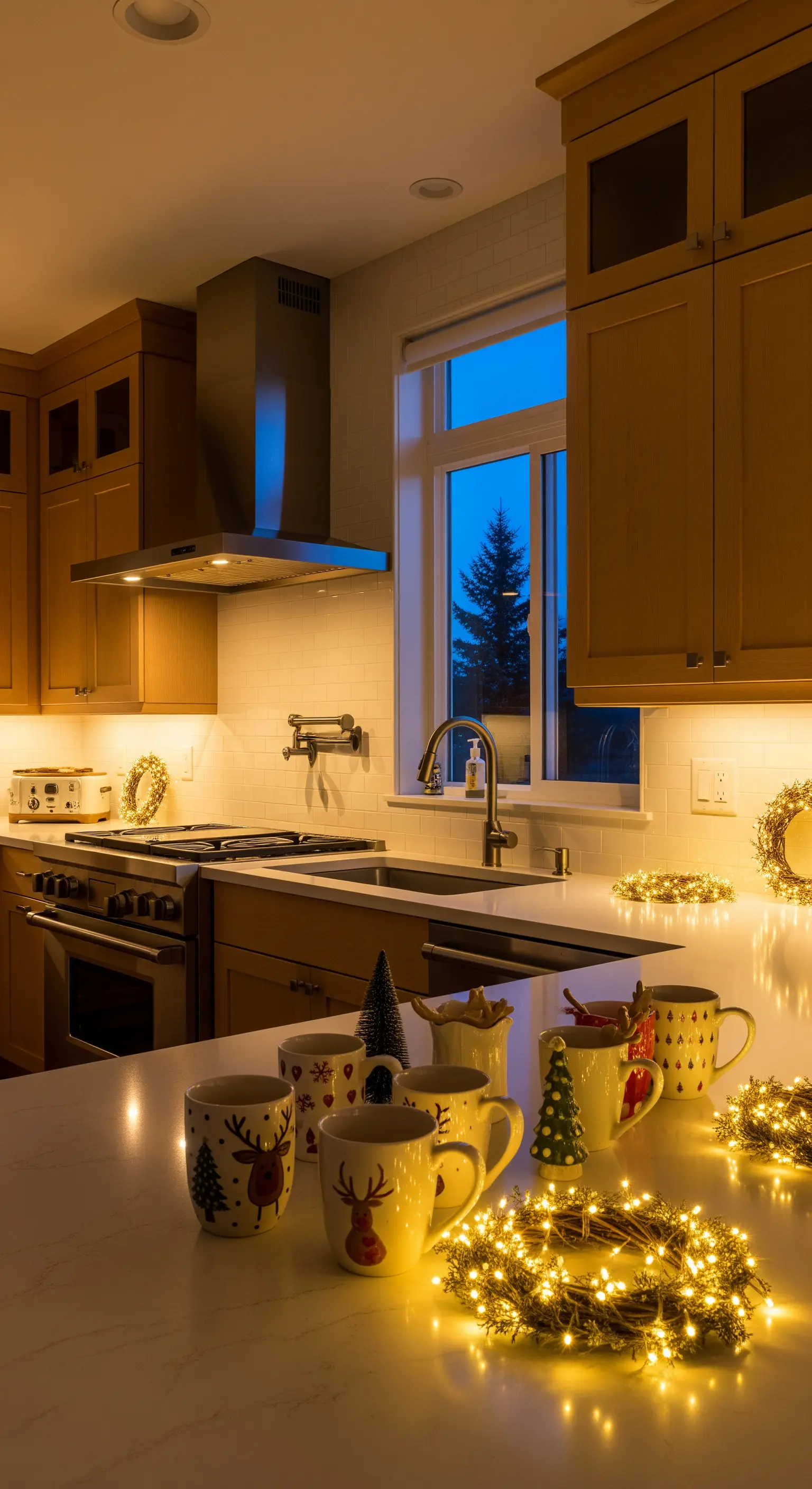 Kücheninsel mit Weihnachtstassen, kleinen Bäumen und LED-Lichterketten-Kränzen