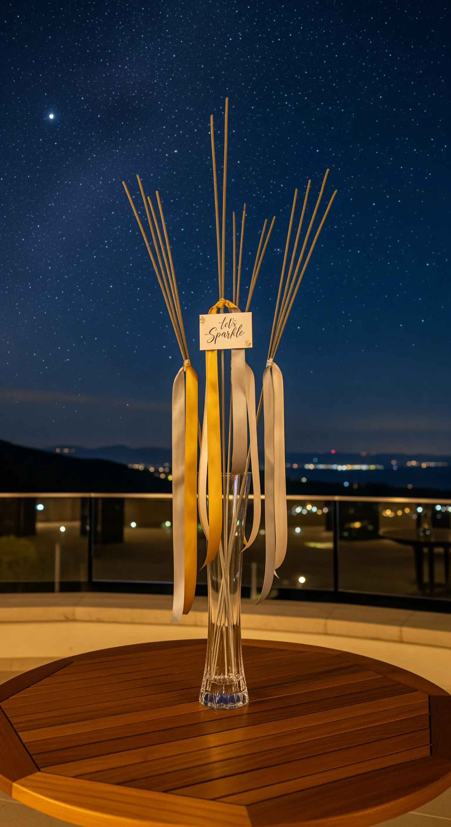 Wunderkerzen-Bouquet mit goldenen und silbernen Bändern in einer Glasvase auf Holztisch unter Sternenhimmel.