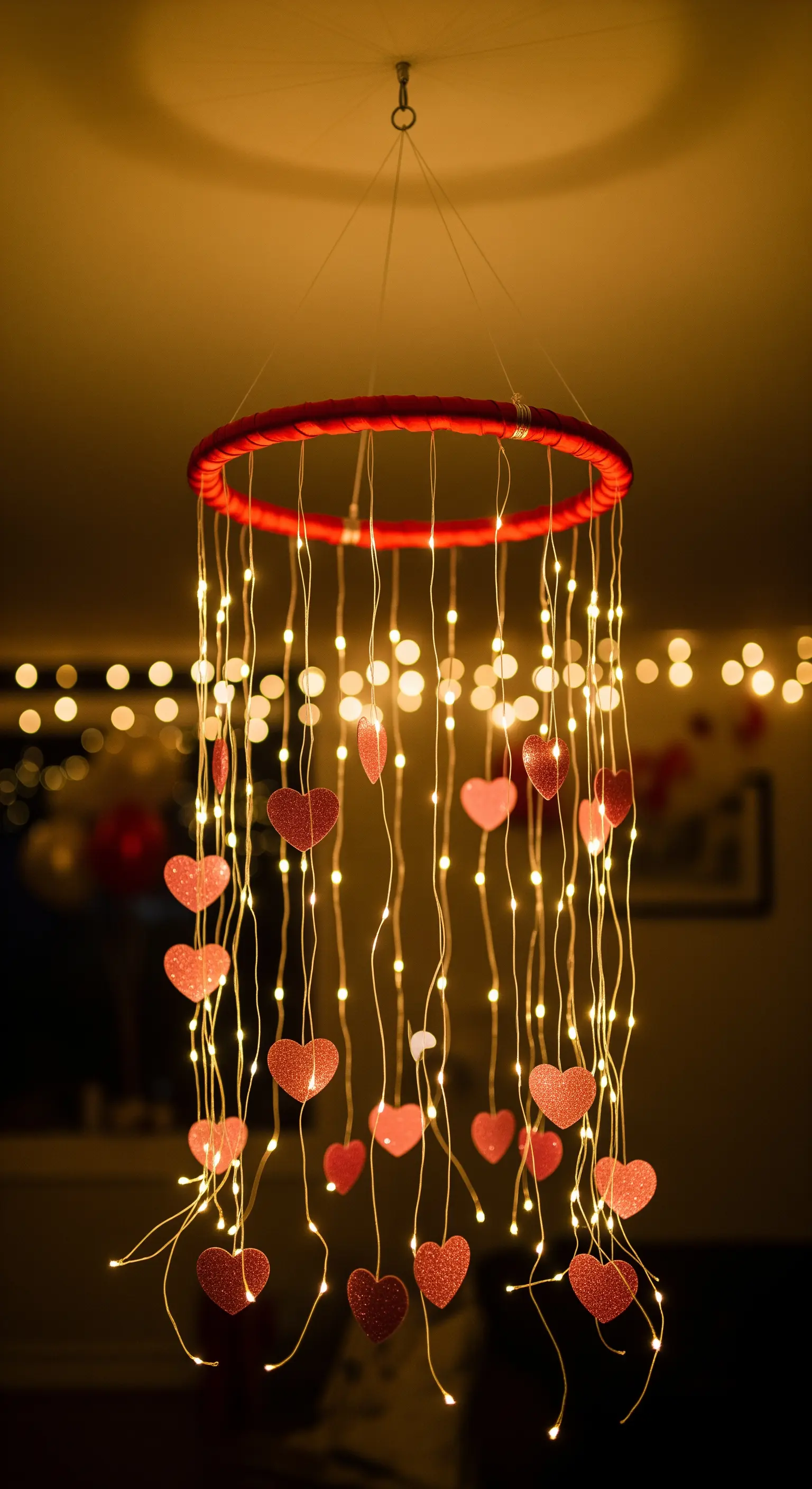 Ein hängendes Mobile aus einem roten Ring mit herabfallenden Lichterketten und Glitzerherzen.