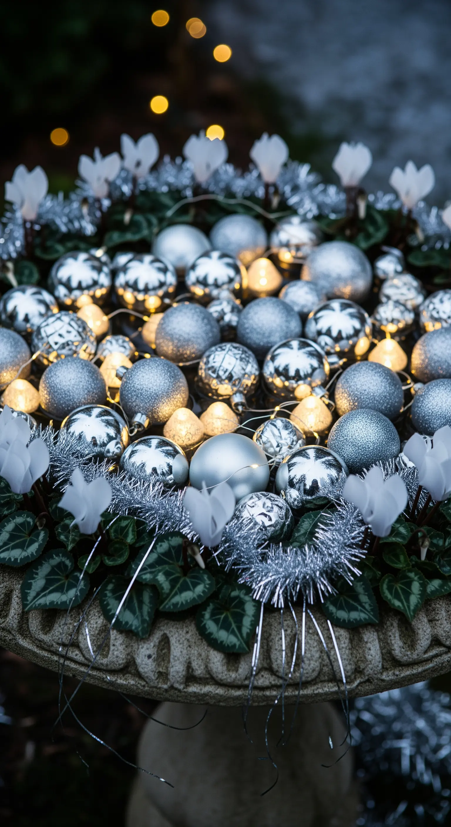 Steinschale gefüllt mit silbernen Weihnachtskugeln, Lichterketten, immergrünem Laub und weißen Blüten.